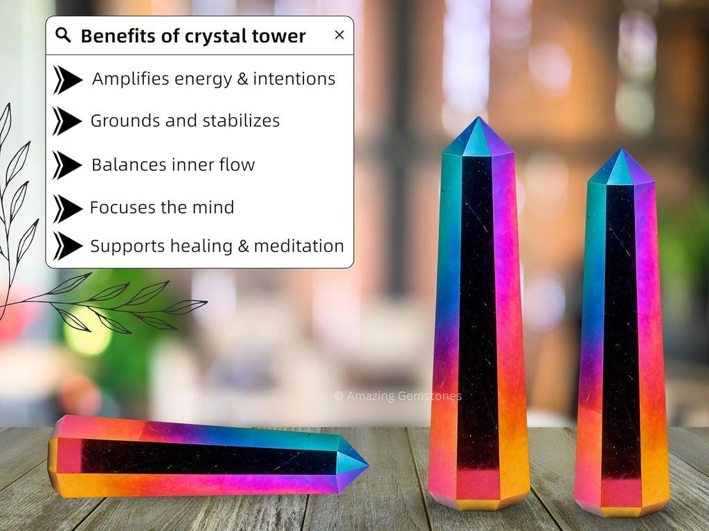 Amazing Gemstone Titanium Aura Quartz Crystal Towers - Natural Healing Crystal Point Obelisk for Reiki Healing and Crystal Grid (3 Inch)
