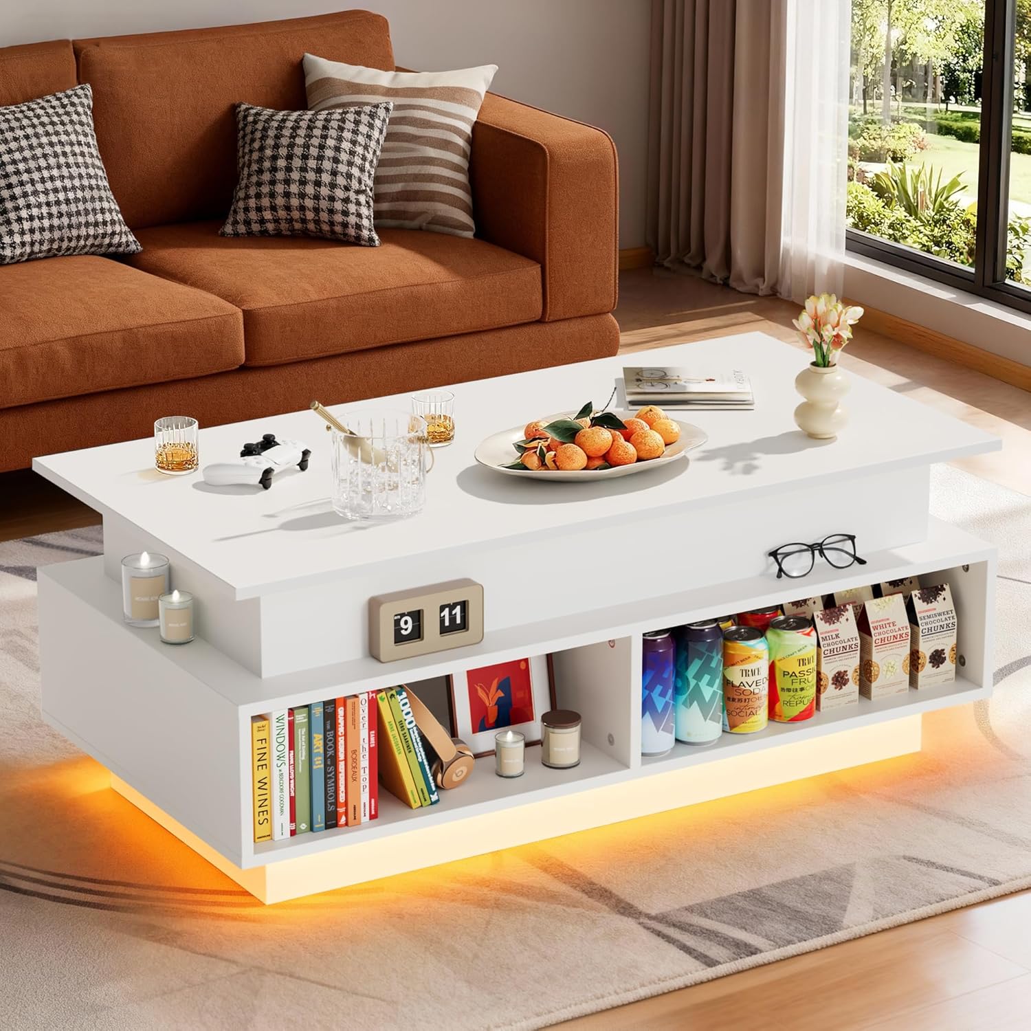 JUMMICO 40" Modern Lift Top Coffee Table with Storage & 4 Bottom Shelves, Square Wooden Center Table with LED Lights, Rising Dining Table with Storage Shelves for Living Room and Home Office (White)