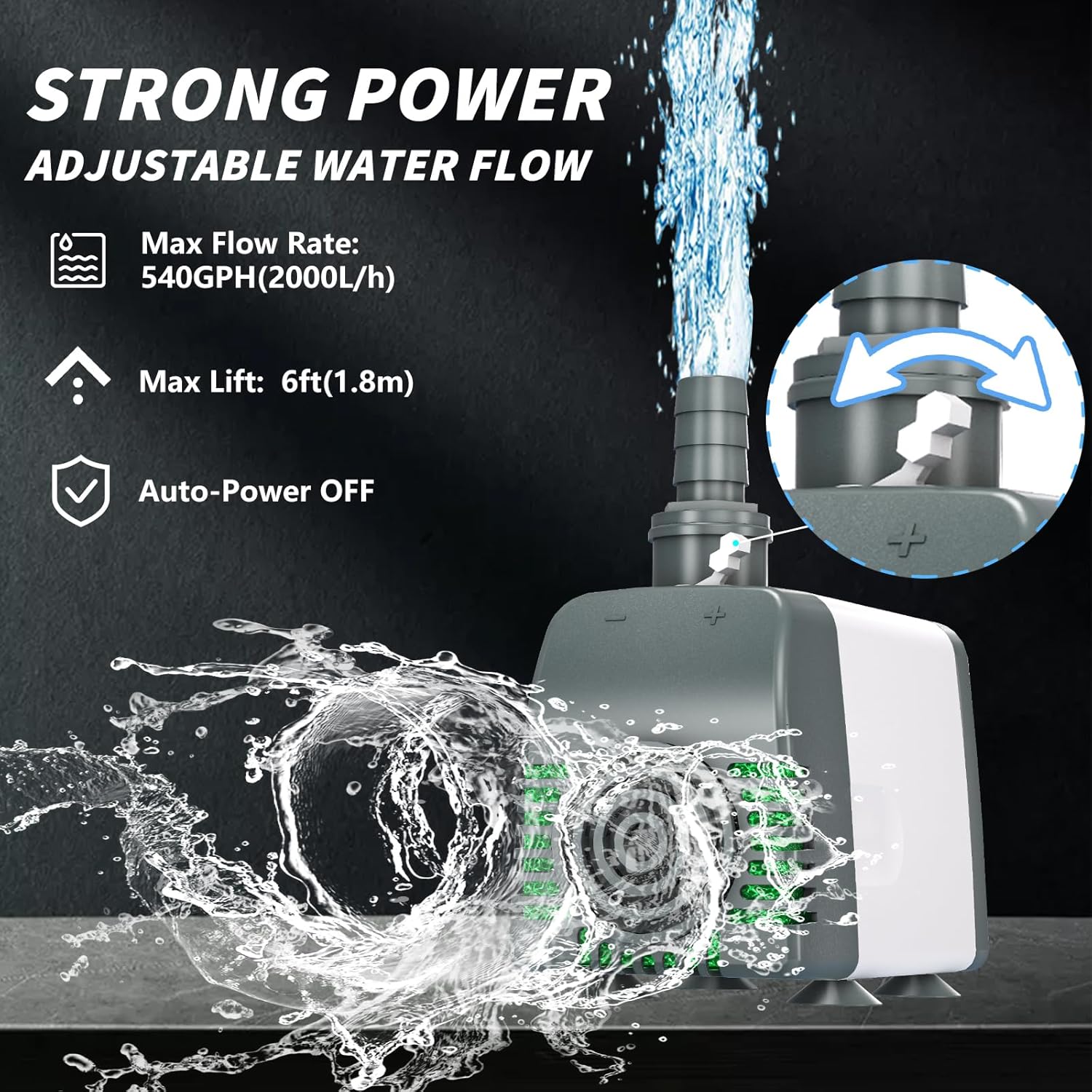 540GPH Submersible Water Pump - AUTO-SHUT-OFF 35W Pond Pumps Ultra-Quiet & Adjustable Flow Rate for Fountains, Hydroponics, Ponds, Aquariums, and More