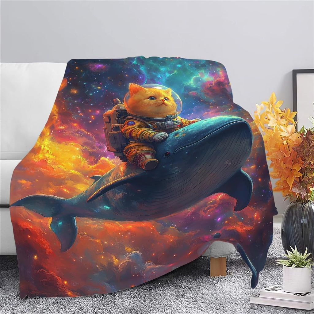 Funny Cat Throw Blanket Universe Space Whale Cat Stuff Gifts for Kids Girls Boys Adults Women Men Soft Cozy Warm Plush Fluffy Fuzzy Fleece Blanket Decor 50''X60''