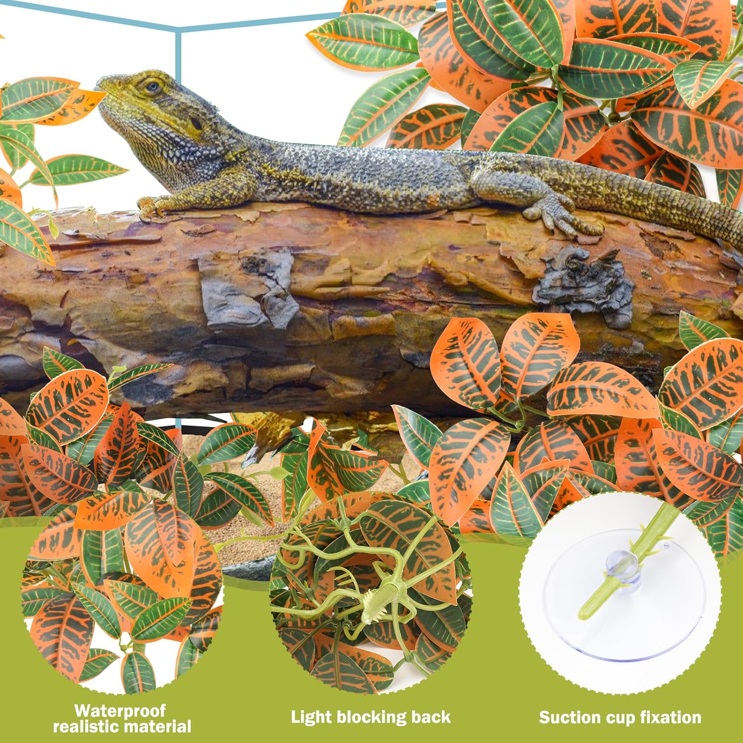 2 Pack Reptile Plants, Artificial Hanging Plants with Suction Cups, Habitat Decor Plastic Vines Decorations for Bearded Dragons Lizards Snake Geckos Frogs -Gold
