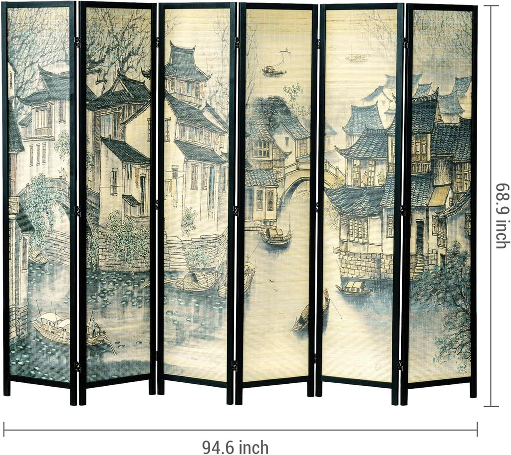MyGift 6 Panel Room Divider Privacy Partition with Dual-Sided Vintage Asian Water Village Ink Brushed Print Design, 6FT Black Wood Framed Decorative Artwork Folding Screen 94.6''W x 68.9''H