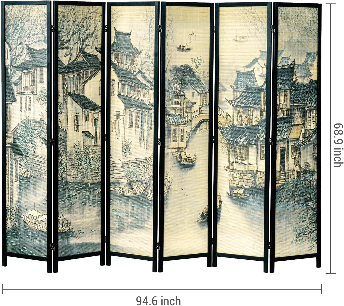 MyGift 6 Panel Room Divider Privacy Partition with Dual-Sided Vintage Asian Water Village Ink Brushed Print Design, 6FT Black Wood Framed Decorative Artwork Folding Screen 94.6''W x 68.9''H