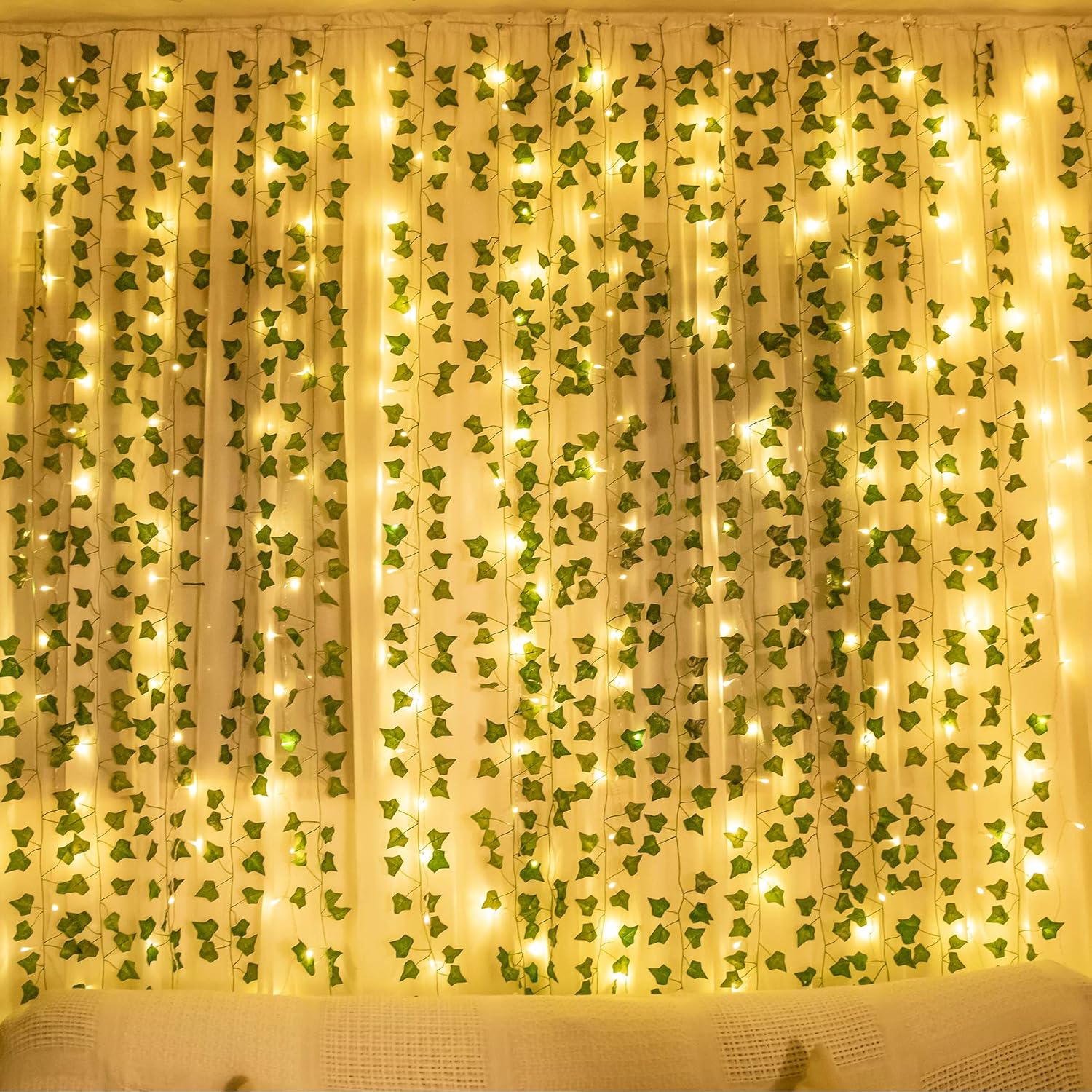 COOLUCK 84Ft 12 Pack Artificial Ivy Leaf Plants Vine with 80 LED String Light,Green Vines Garland, Hanging for Home Kitchen Office Wedding Wall Décor