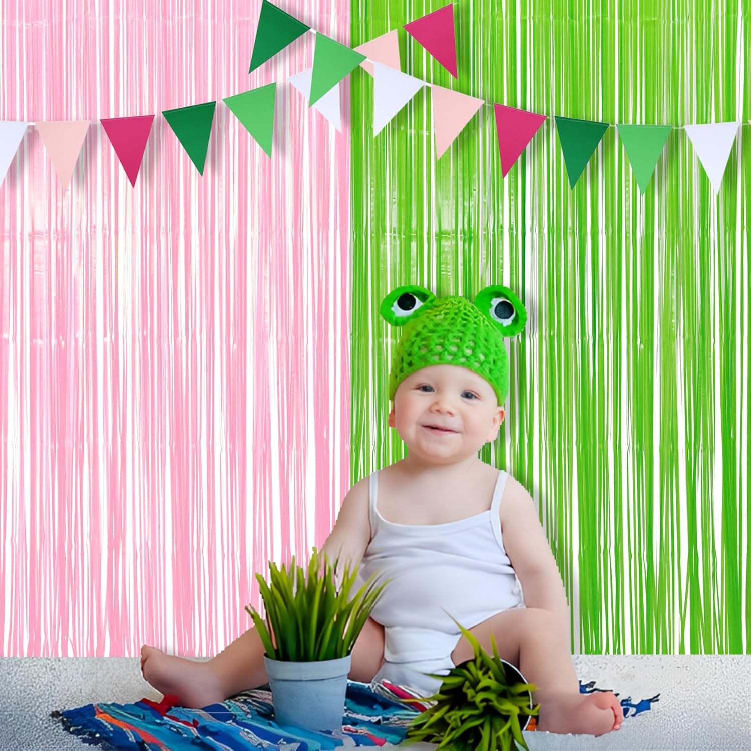 BRAVESHINE Party Streamers Backdrop - 2 Pack 3.2ft X 8.2ft Tinsel Foil Fringe Curtains for Christmas/Fairy/Girl/Birthdays/Wizard/Bridal/Baby Shower/Photos Booths/Pink and Green Party Decorations