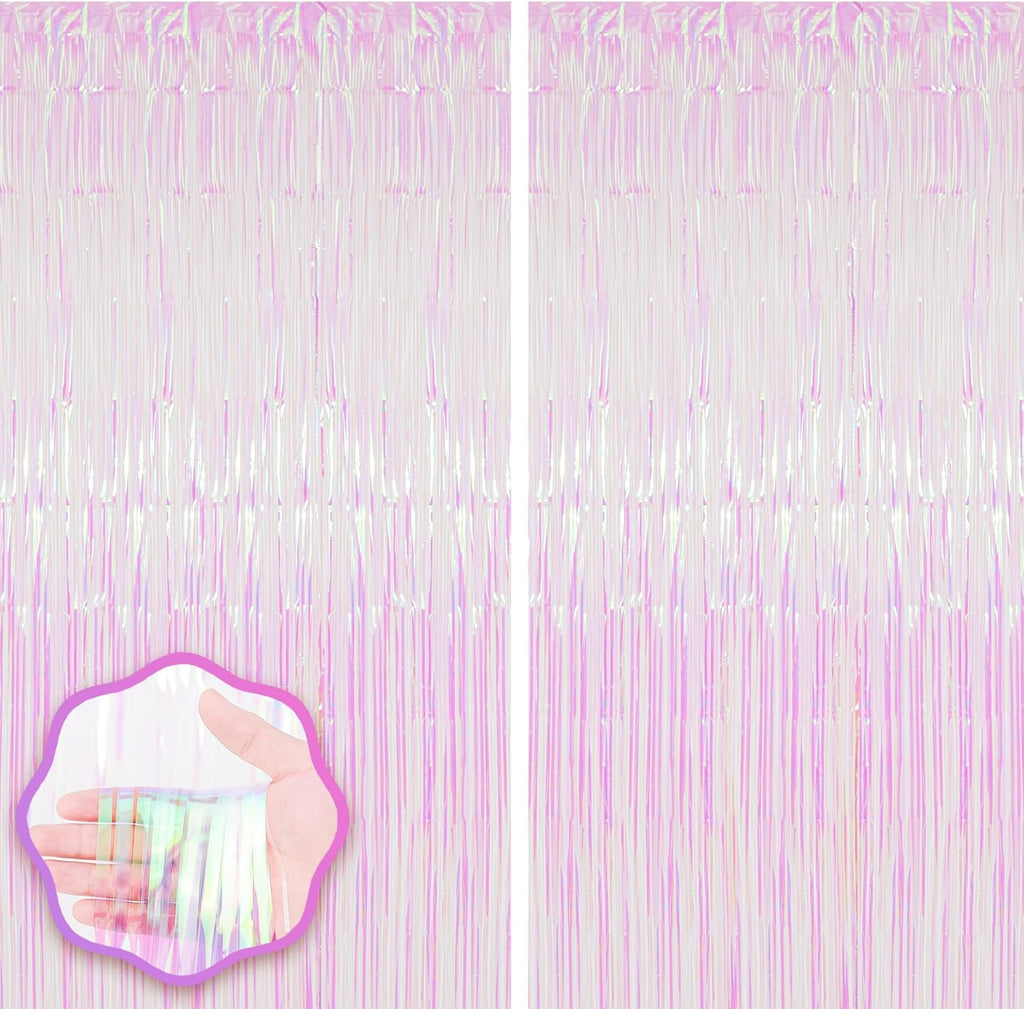 2 Pack Iridescent Tinsel Foil Fringe Curtains, Iridescent Party Decorations, Metallic Tinsel Party Streamers Backdrop for Mermaid Birthday Baby Shower Slumber Wedding Party Decorations