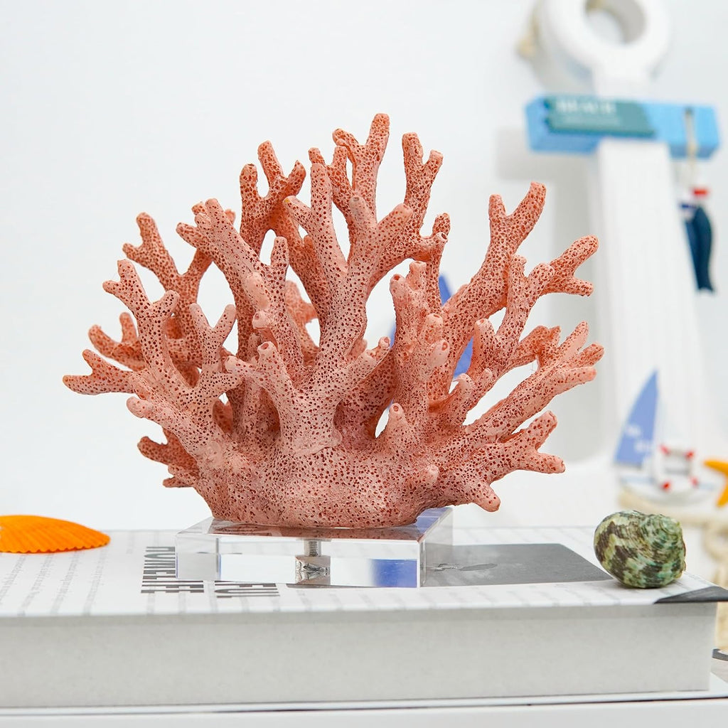 Coral Coastal Decor, Artificial Resin Coral Reef Statue, Coastal Room Decor Beach Decorations for Home Bathroom Bedroom,Ocean Themed Decor for Office,Aquarium,7.5''Lx6.3''H, RB1001P, Pink
