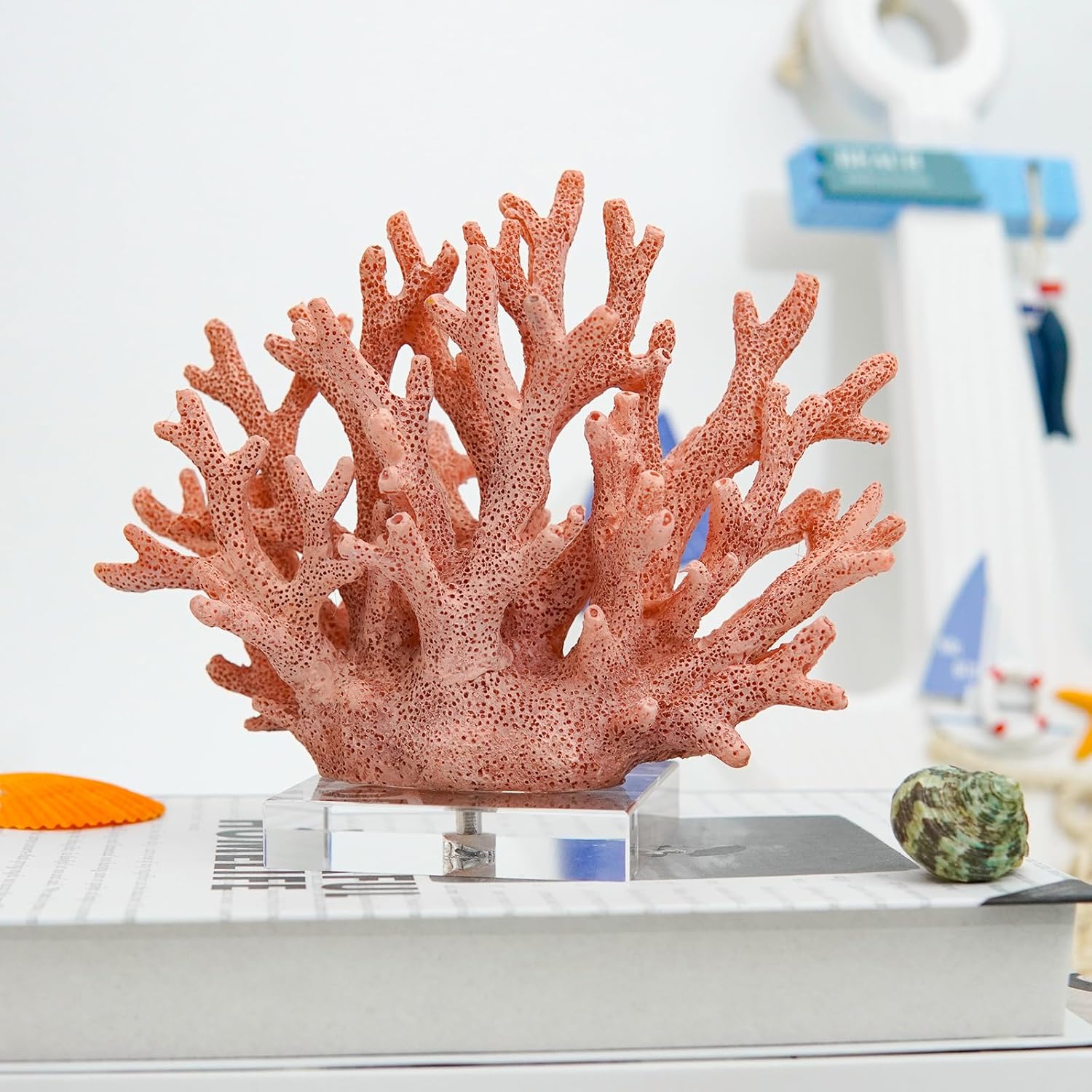 Coral Coastal Decor, Artificial Resin Coral Reef Statue, Coastal Room Decor Beach Decorations for Home Bathroom Bedroom,Ocean Themed Decor for Office,Aquarium,7.5''Lx6.3''H, RB1001P, Pink