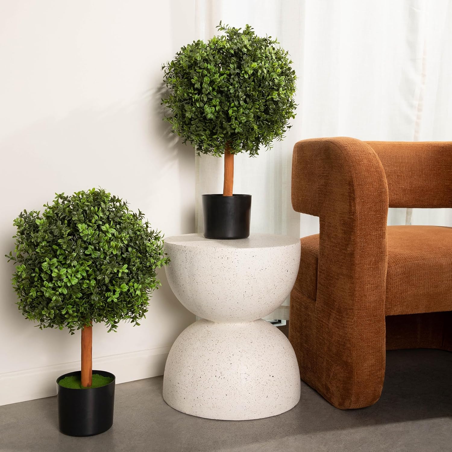 DRAY 14" Diameter Artificial Boxwood Topiary – Set of 2 Faux Plants in Black Decorative Planters – UV-Resistant, Weatherproof, Realistic Outdoor & Indoor Greenery Accent