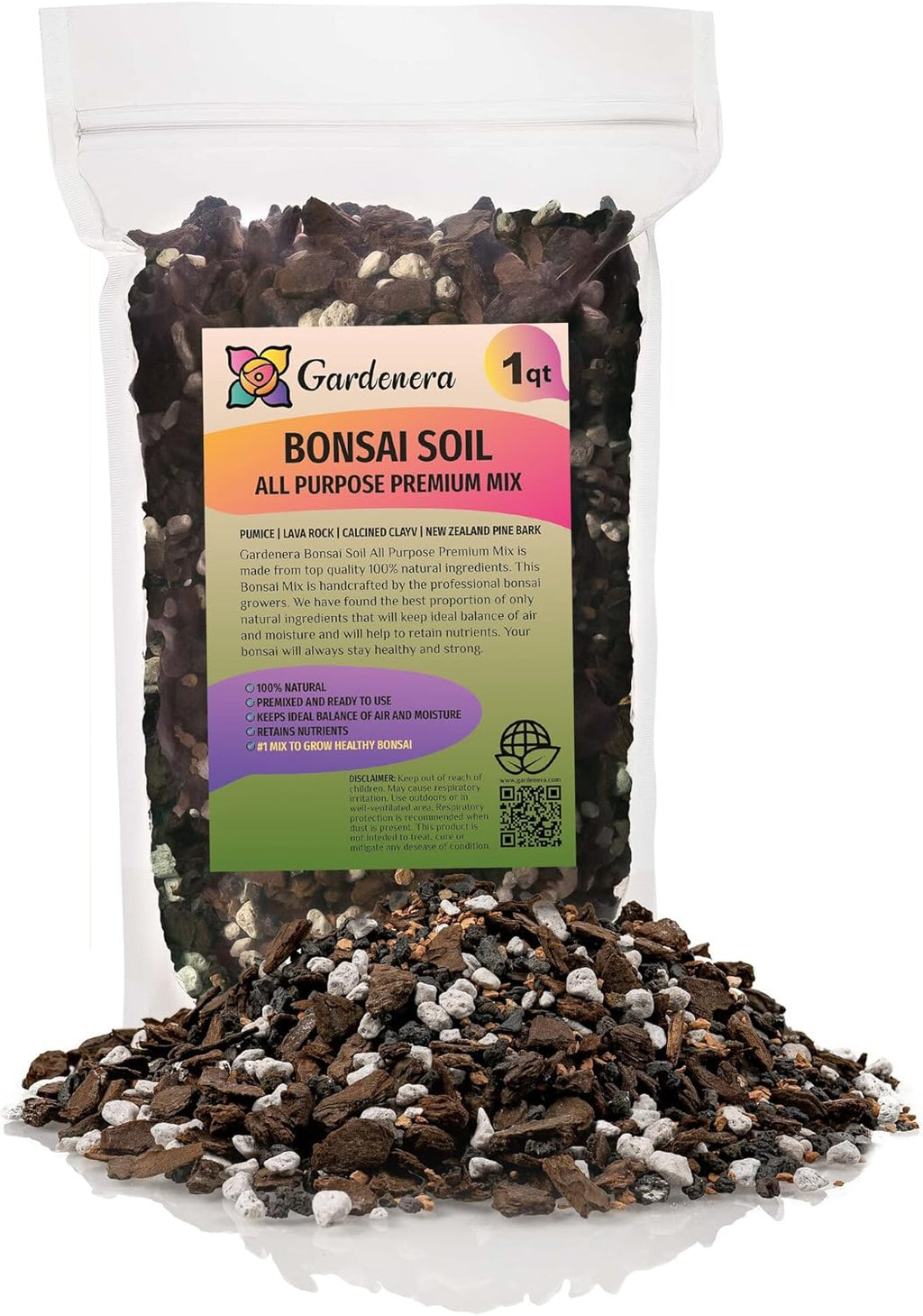 Premium Bonsai Soil All Purpose Fast Draining Mix - Pumice, Lava, Calcined Clay and Pine Bark Potting Pre Mixed Bonsai Plant Soil Mixture by GARDENERA - Made in USA - (1 Quart Bag)