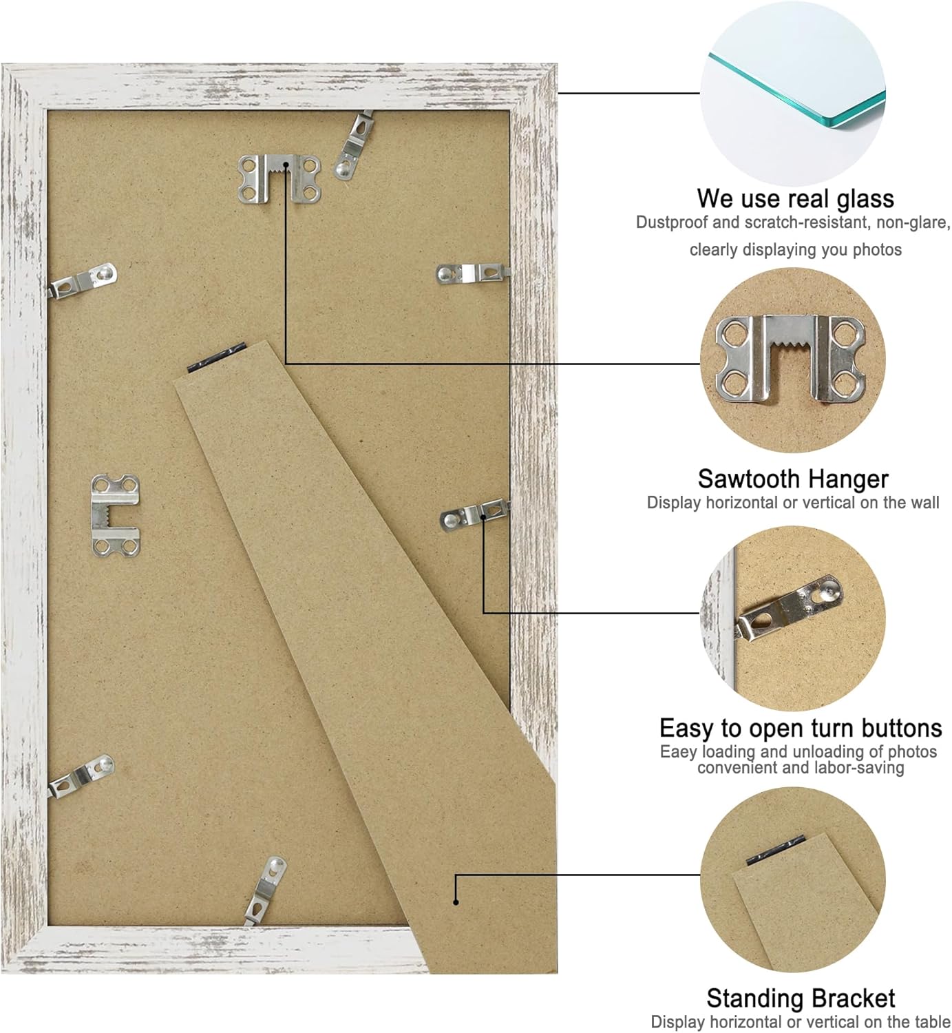 8x14 Picture Frame Set of 2, Distressed White Wood Frame with Glass Collage Frame, Display Pictures 3-4x6 With Mat or 8 x 14 Without Mat - Horizontal or Vertical Wall Mounting
