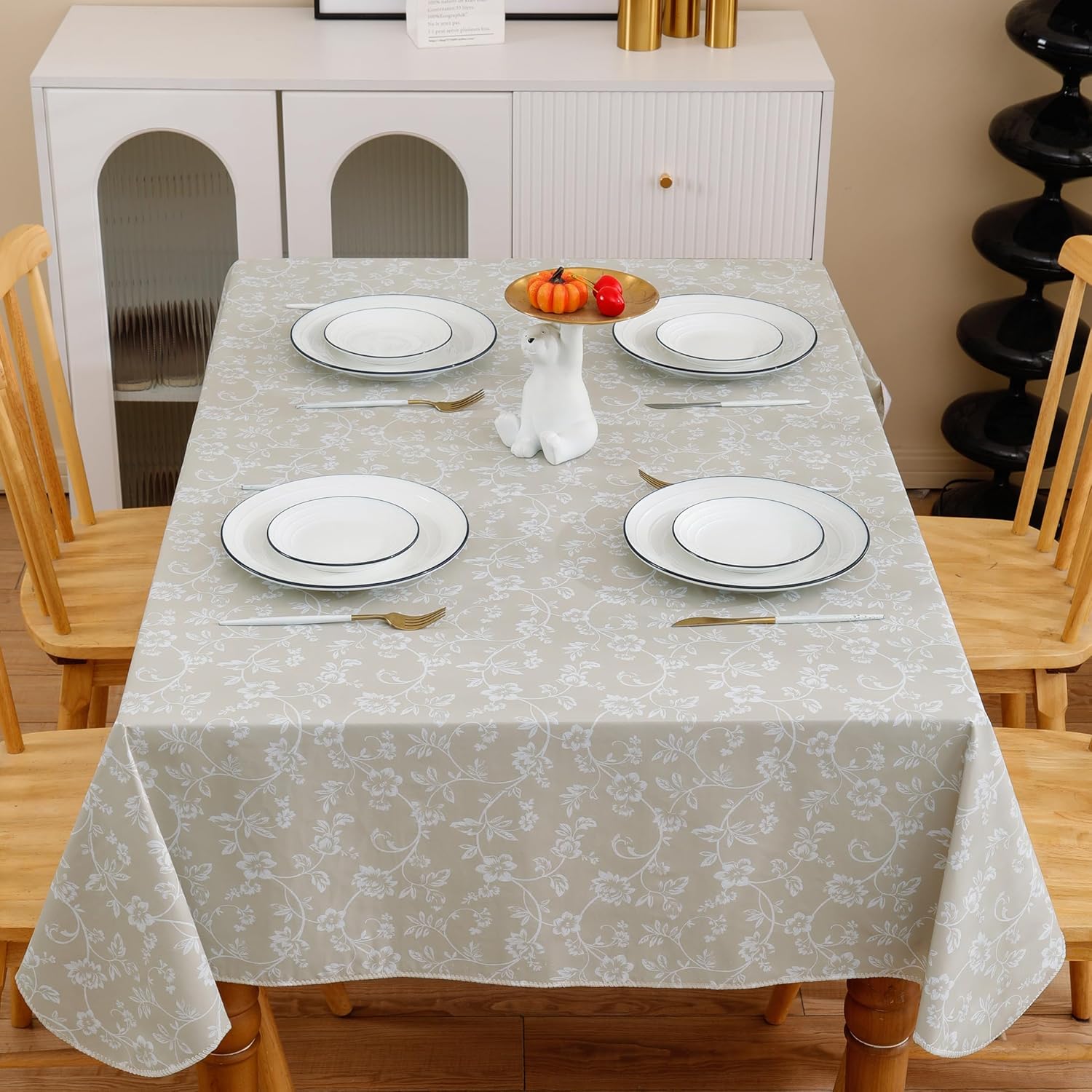 Heavy Duty Vinyl Tablecloth with Flannel Backing Waterproof Oil-Proof Plastic Table Cloth Stain-Resistant Wipeable Rectangle or Square Table Cover for Indoor and Outdoor (Beige Floral,54x54 Inch)