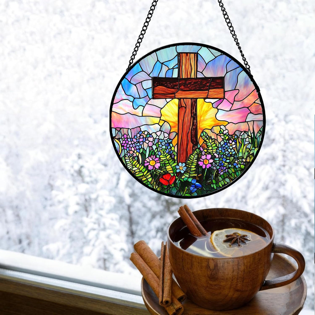 Christian Gifts for Women - Cross Stained Glass Window Hanging Jesus Easter Colorful Wildflowers Sun Catcher Garden Religion Decor Mother's Day Catholic Gift for Men Grandma Mom Her 6.3"
