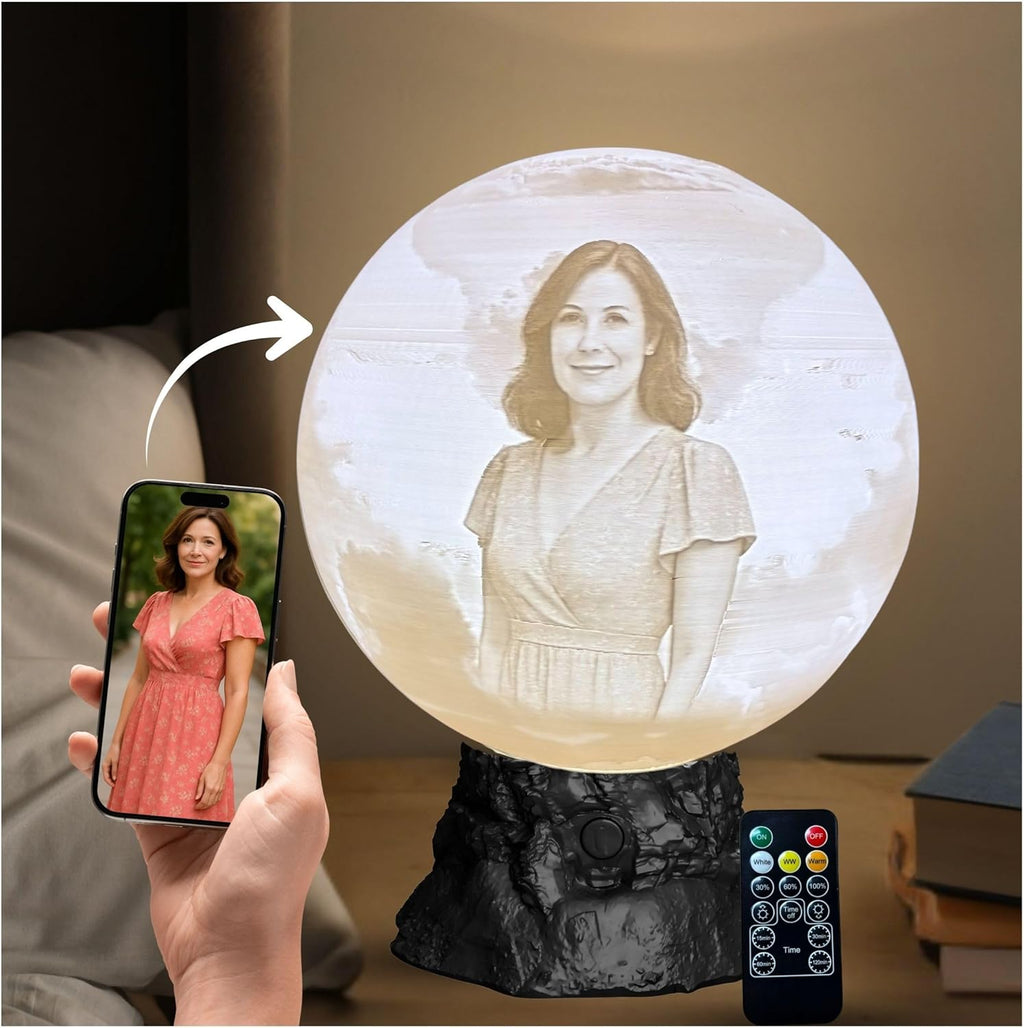 Angel Wings Memorial Moon Lamp with Custom Text or Photo – Personalized Remembrance Light for Loved Ones | Sympathy Gift, Bereavement Gift, Tribute Lamp with 3D Printed Moon Light