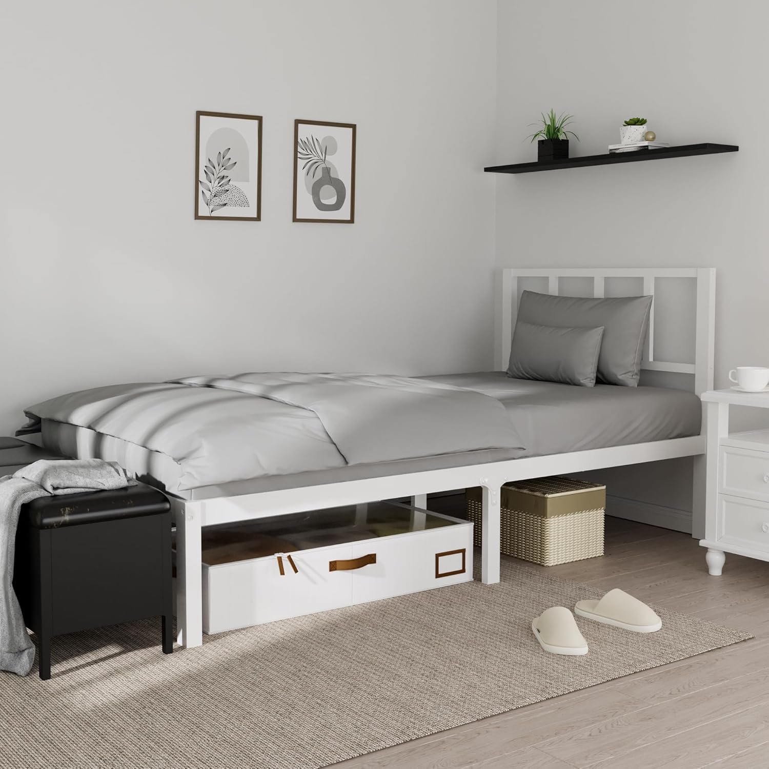 14 Inch Bamboo Bed Frame – Solid Wood Platform Bed Frame, Strong and Stable, with Non-Slip Slats for Support, No Box Spring Needed, Easy to Assemble, Noise-Free (White with Headboard, Twin)