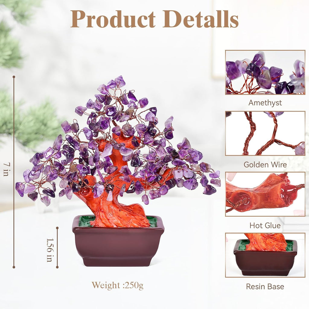 Feng Shui Quartz Crystal Money Tree Bonsai Style Decoration for Luck and Wealth (Purple)