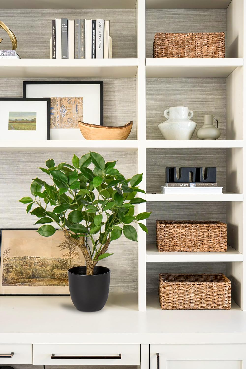 Artificial Tree, 17'' Ficus Bonsai, Premium Faux Planted Potted Decor for Home Table Office Desk Bathroom Bedroom Living Room Farmhouse