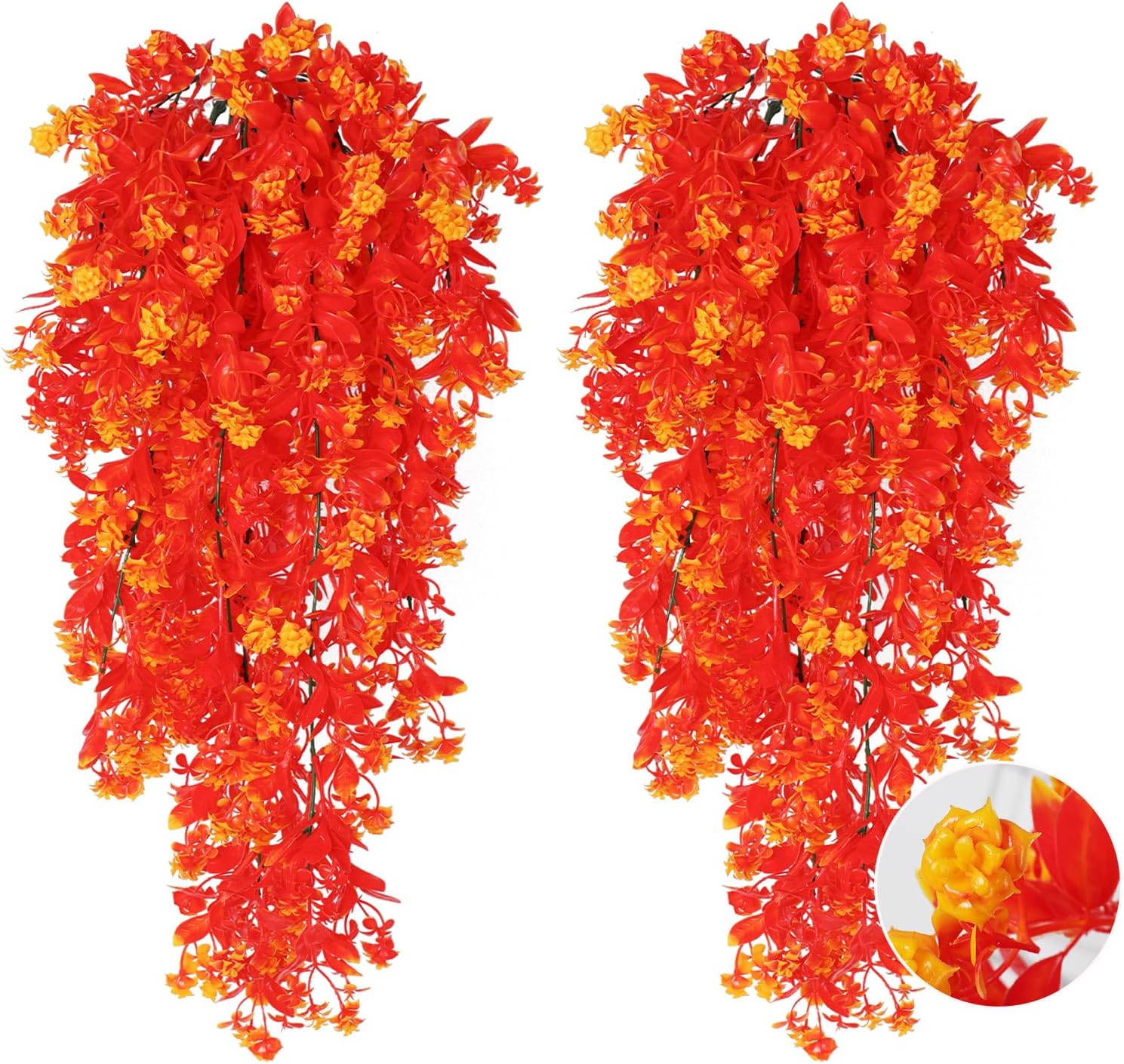 RECUTMS Pack of 2 Hanging Fake Flowers Artificial Outdoor UV Resistant Greenery Faux Plastic Plants for Farmhouse Garden Veranda Porch Bathroom Kitchen Arrangements (Gold)