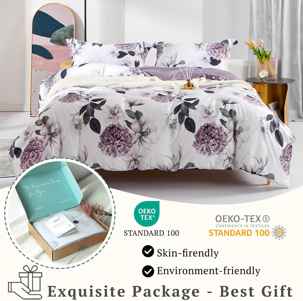 MILDLY 100% Long-Staple Cotton Duvet Cover Set Hydrangea Lotus Flower Pattern Printed Comforter Cover 3pcs, Ultra Soft & Breathable Bedding Set