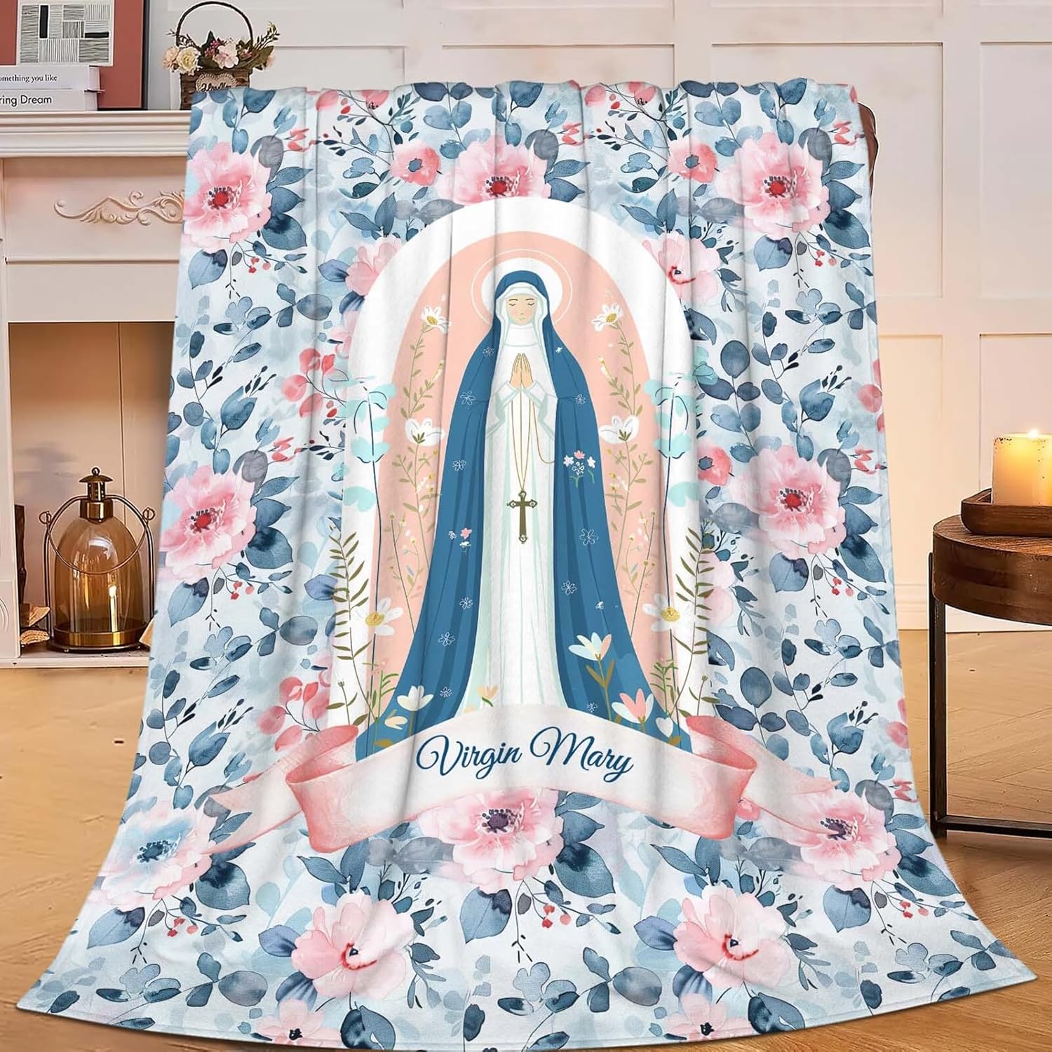 Virgin Mary Throw Blanket Christian Religious Scripture Catholic Spiritual Stuff Gifts for Adults Women Soft Cozy Warm Plush Fluffy Fuzzy Fleece Blanket Decor 50''X60''