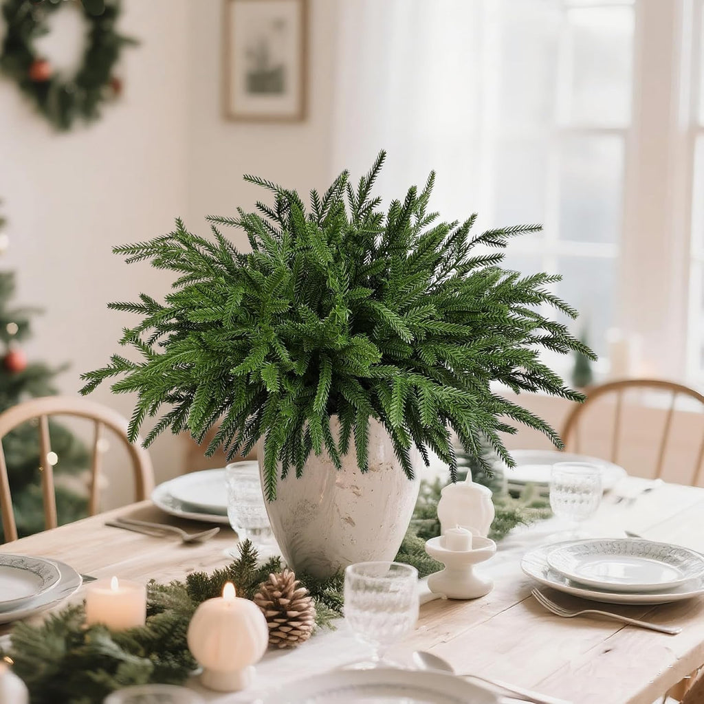 Ouddy Decor 16 Pcs Real Touch Christmas Norfolk Pine Stems, 18" Artificial Norfolk Pine Branches Faux Greenery Stems Fake Cedar Plants for Vase DIY Christmas Garland Wreath Indoor Outdoor Home Decor