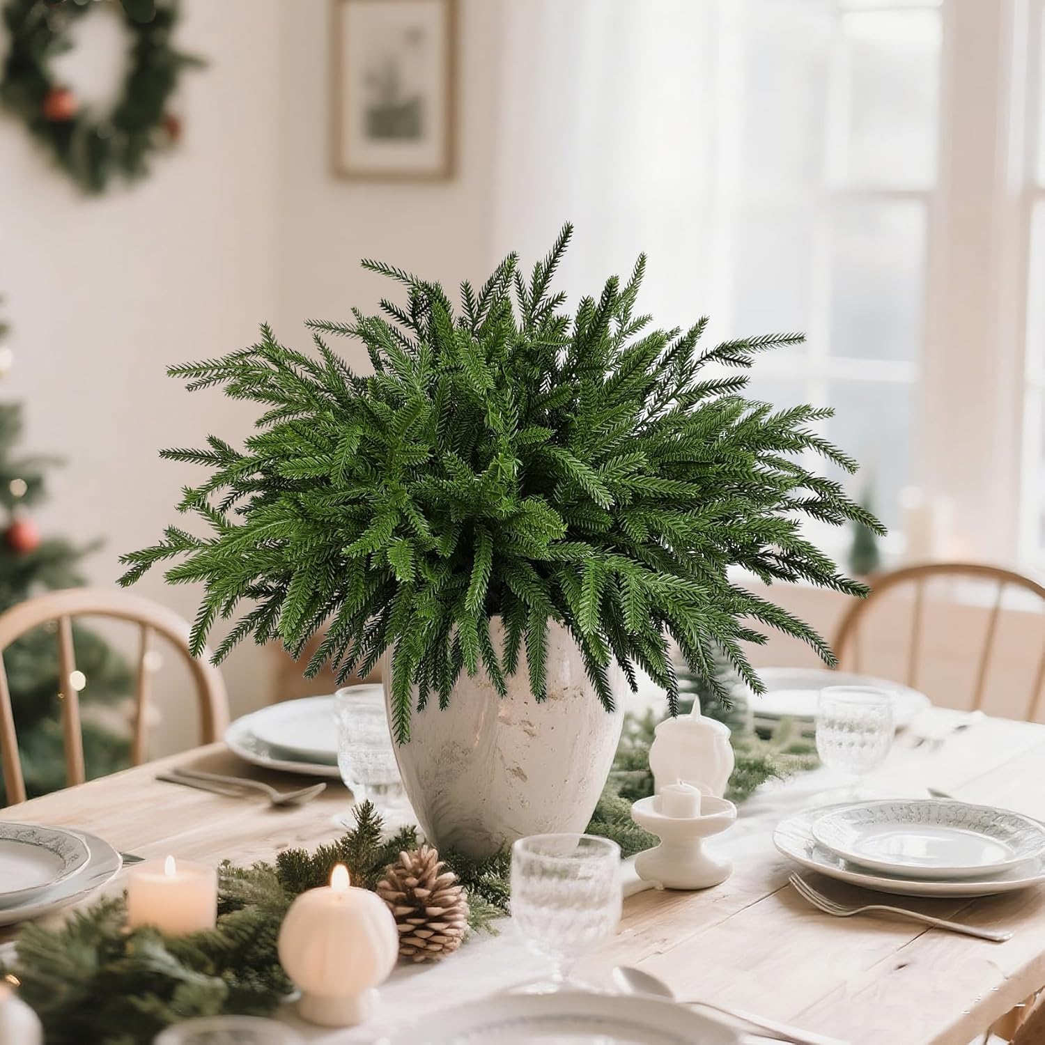 Ouddy Decor 16 Pcs Real Touch Christmas Norfolk Pine Stems, 18" Artificial Norfolk Pine Branches Faux Greenery Stems Fake Cedar Plants for Vase DIY Christmas Garland Wreath Indoor Outdoor Home Decor
