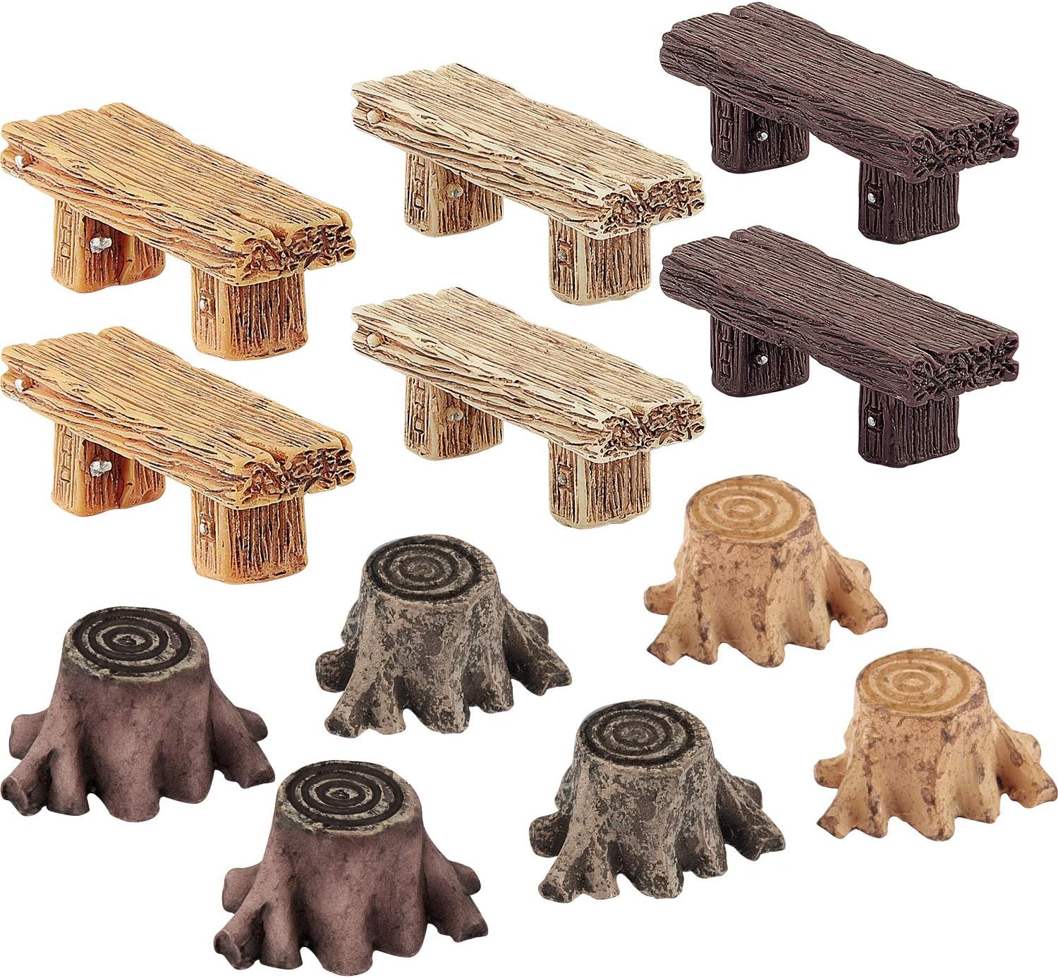 Skylety 12 Pieces Miniature Garden Ornaments, Includes 6 Pieces Retro Wooden Style Benches, 6 Artificial Mini Root Stump for Moss Terrariums Landscape Accessories Decorations