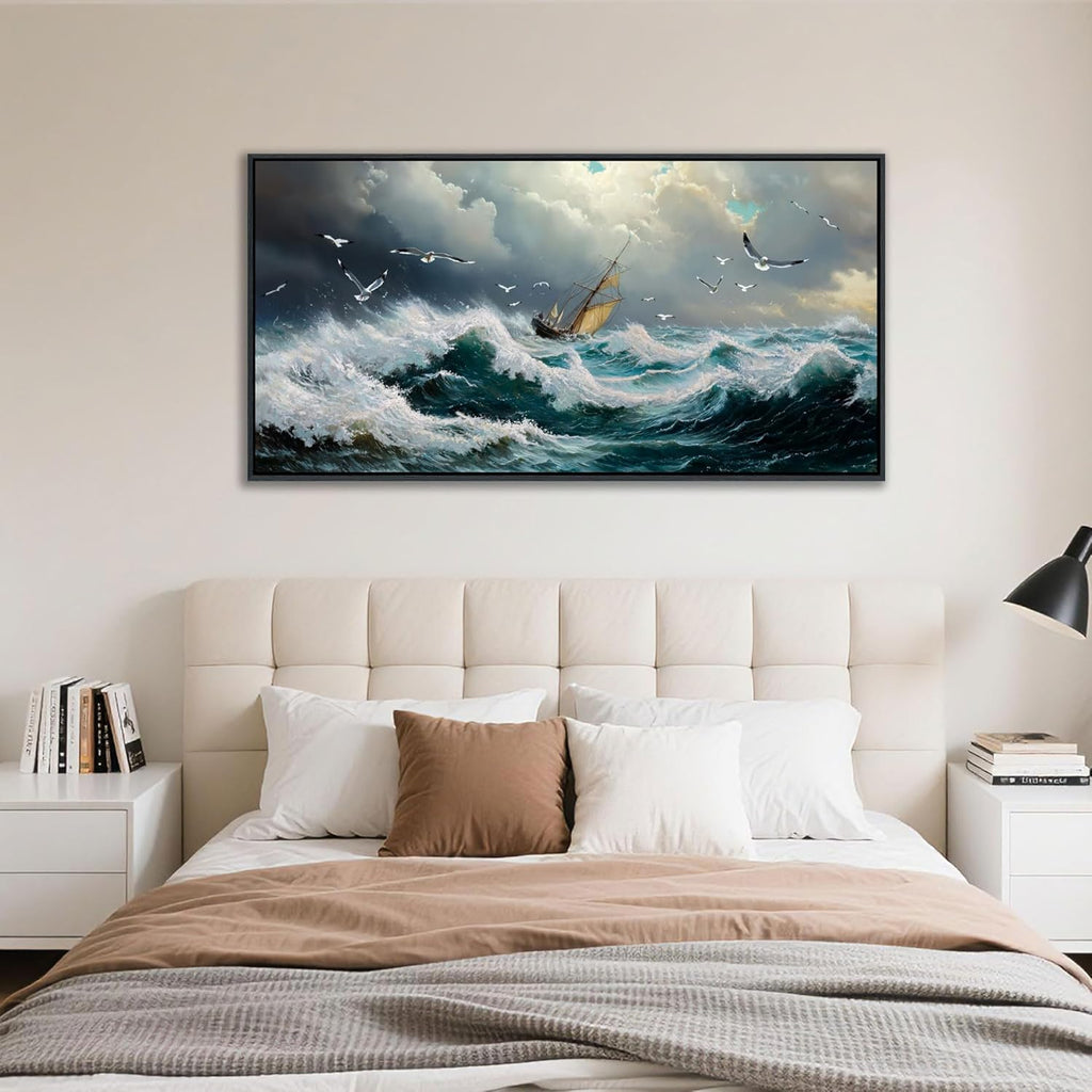 YDYSUNE Ocean Wall Art - Retro White Canvas painting Sailboat Wall Decor Textured Picture Artwork Nautical Adventurer Painting Coastal Art Framed for Living Room Bedroom Home 20x40inch