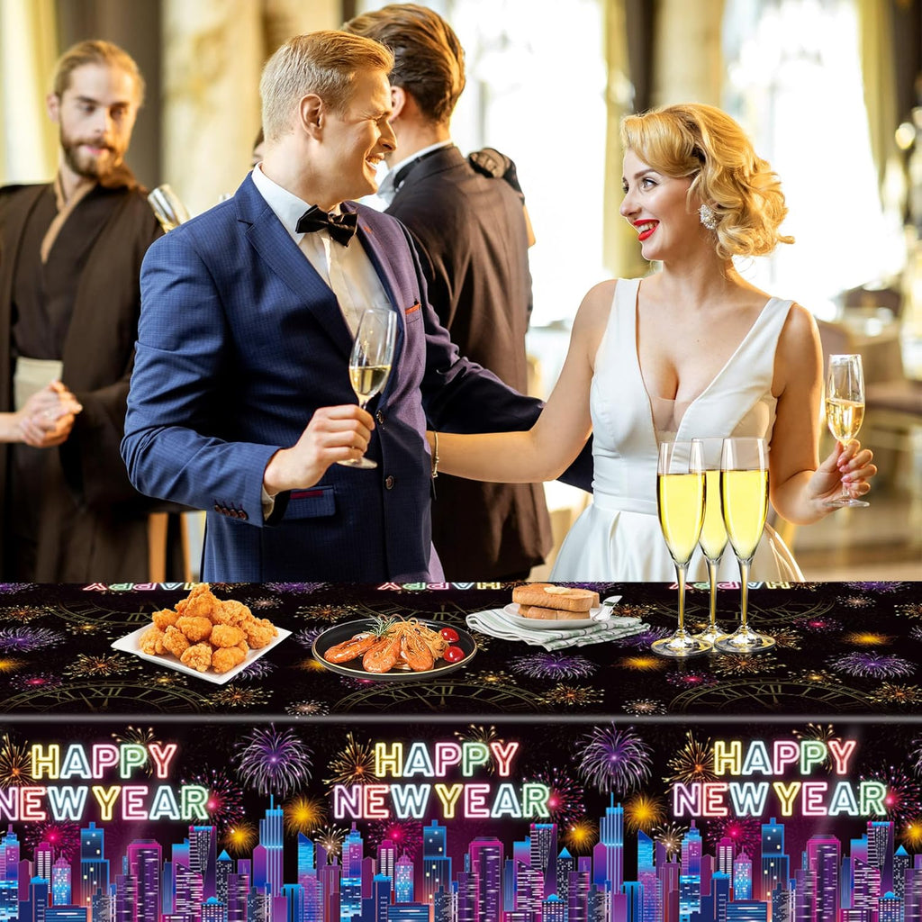 New Years Tablecloth Disposable Plastic Happy New Year Table Cover Colorful Fireworks Tablecloth for NYE Party Decor Favors Supplies 3Pcs 54" X 108"