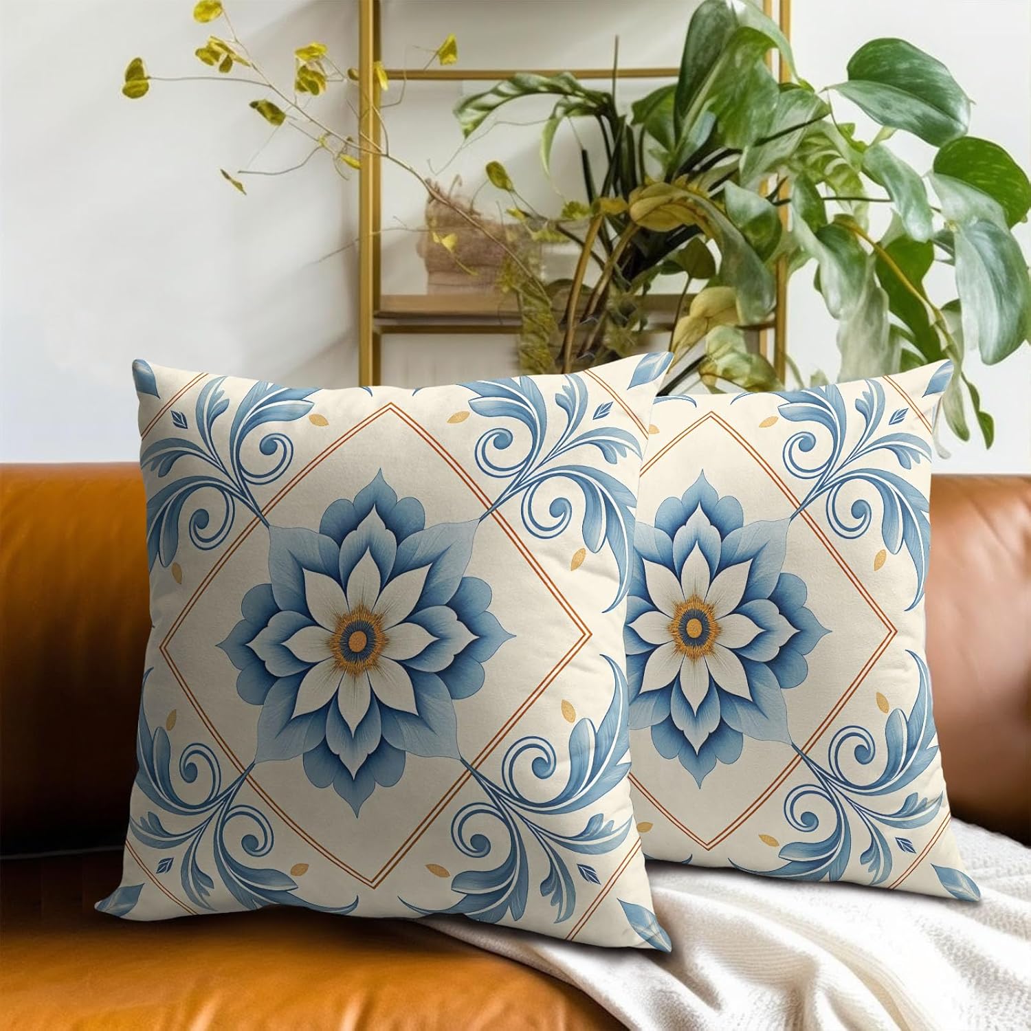 Oriental Blue & White Floral Throw Pillow Covers Set of 2 Ultra-Soft Pillow Shams with Hidden Zipper,Durable for Sofa Bed Car Decor & Gift 18x18IN