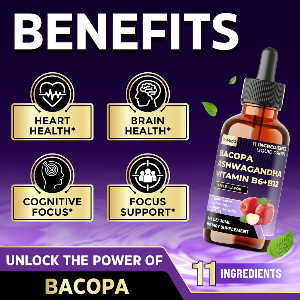 11-in-1 Bacopa Extract Liquid Drops with Ashwagandha, Lion's Mane Mushroom, Phosphatidylserine, L-Theanine, Ginkgo Biloba, Holy Basil, Turmeric, and Rhodiola Rosea - 30ml 1 Fl Oz
