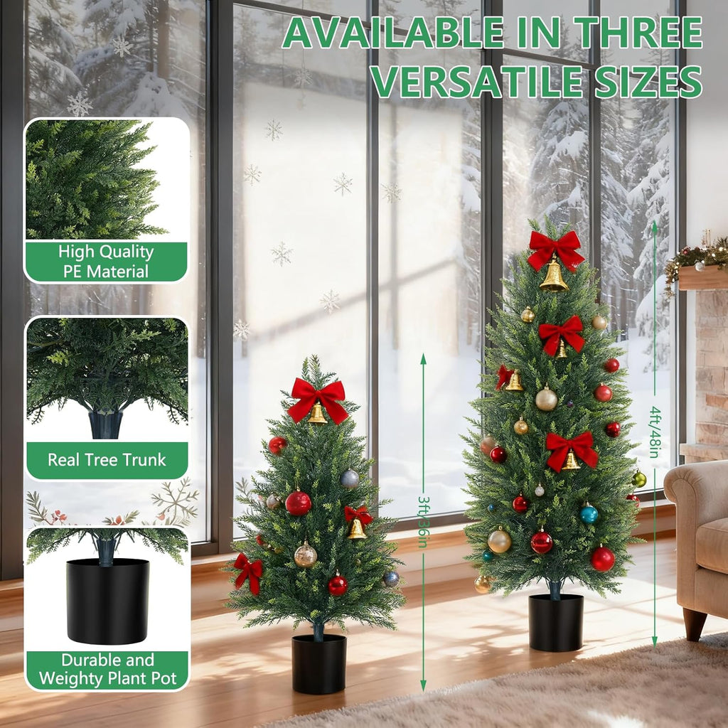 4FT Artificial Cedar Topiary Tree Set of 2, Faux Evergreen Pine Shrubs Plants with Pot, Realistic Fake Plants for Indoors Outdoors Front Porch Christmas Decor