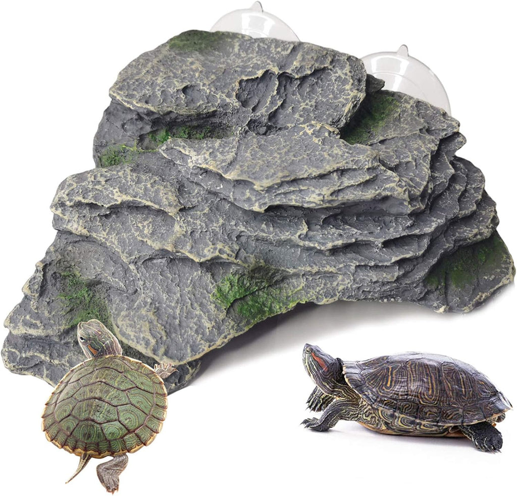 PINVNBY Turtle Basking Platform, Reptile Climbing Shale Resin Ledge Stone, Aquarium Ornament Rock Landscaping Decoration with Suction Cups for Frogs Newts Lizard (Large:7.1”Lx6.3”Wx2.7”H)