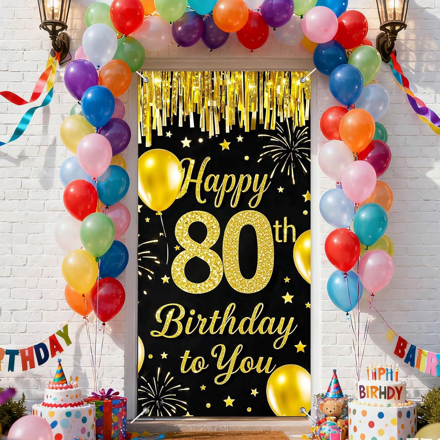 IVN 80th Birthday Door Cover 71x35 Inch Black Gold Birthday Banner for Party Decorations Balloons Stars Fireworks Backdrop Sign for Men Women Photo Booth Prop Wall Decor