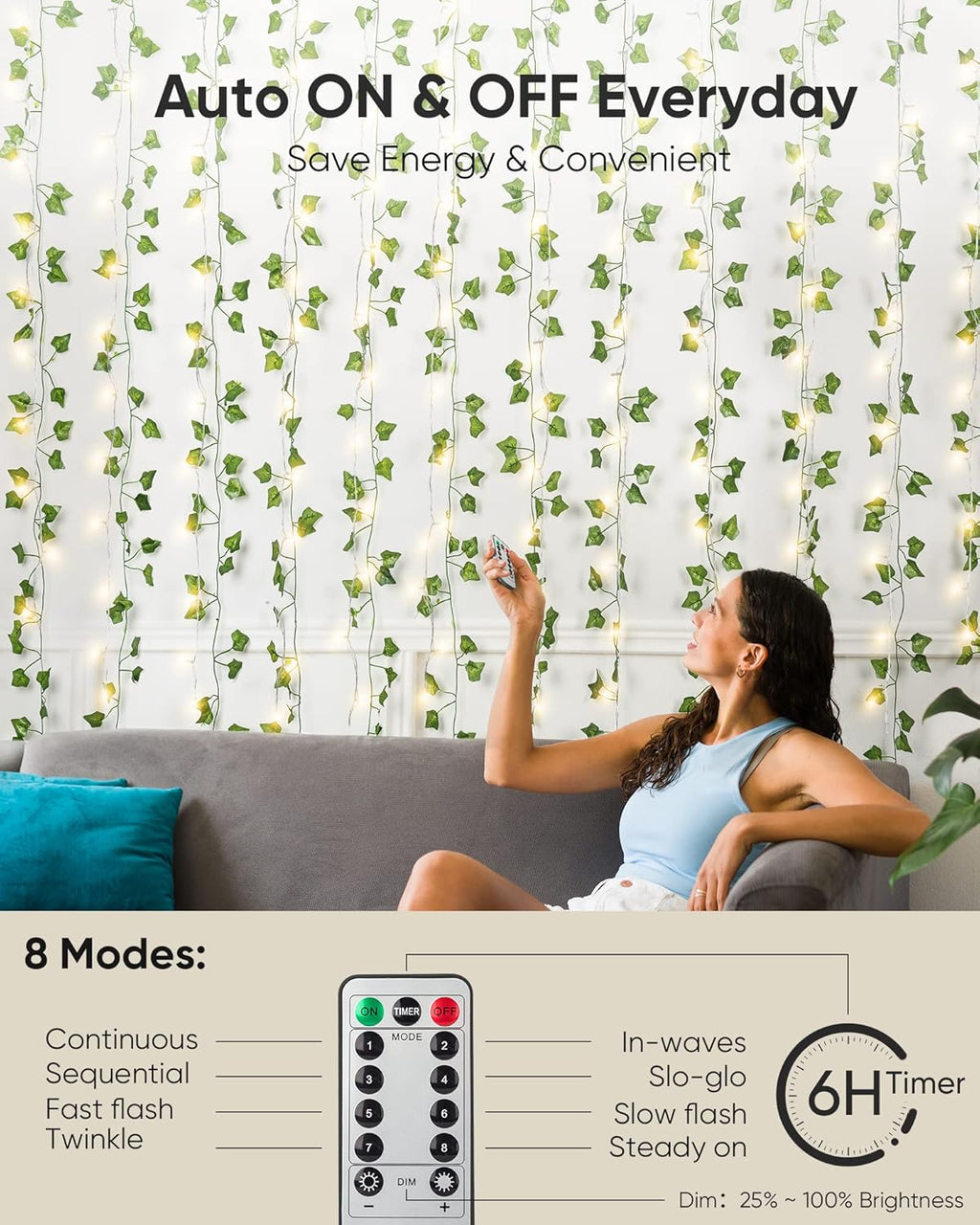 JACKYLED 84Ft 12 Pack Artificial Ivy Garland Fake Plants with 240 LED Curtain Lights USB Plug in/Battery Operated, 8 Modes Fairy String Light with Remote Control, for Bedroom Wall Decorations