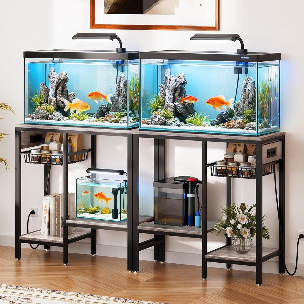 Livofloral 20 Gallon Fish Tank Stand with Power Outlet, Metal Aquarium Stand with Adjustable Shelves and Pull Out Wire Tray, Ample Storage for Fish Tanks Accessories, Reptile Tank Stands, Brown