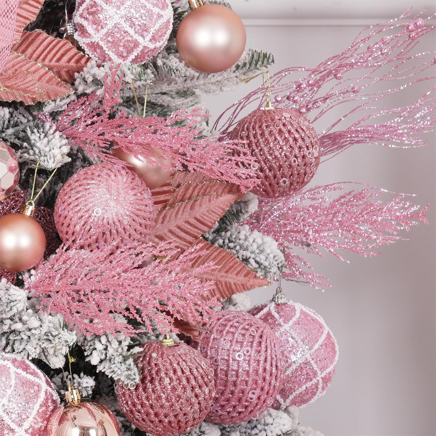 Christmas Glitter Stems 24pcs Artificial Pine Tree Picks for Christmas Tree Ornaments fillers, DIY Xmas Wreath, Crafts, Garland, Holiday, Party, Wedding and Home Decoration (Pink)