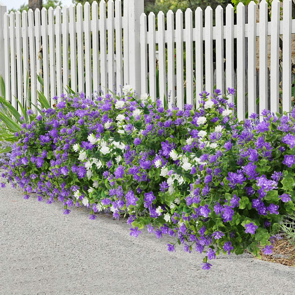 8 Bundles Artificial Flowers, Fake Artificial Greenery UV Resistant No Fade Faux Plastic Plants for Wedding Bridle Bouquet Indoor Outdoor Home Garden Kitchen Office Table Vase (Purple)