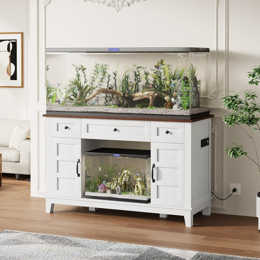 Farmhouse 55-75 Gallon Fish Tank Stand, Aquarium Stand with Power Outlet, 1400LBS Heavy Duty Fish Tank with Stand for Fish/Turtle/Reptile Terrarium, White