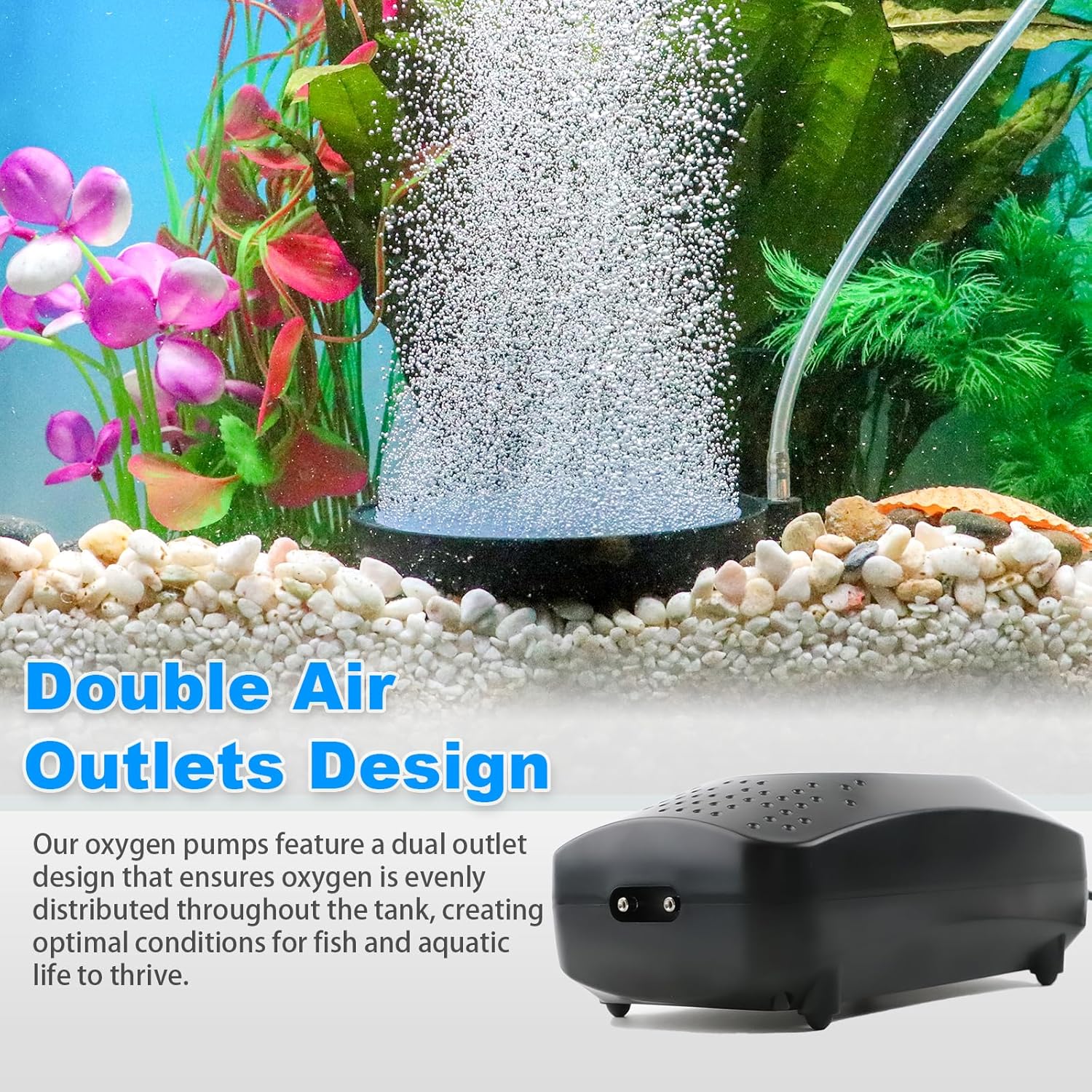 Coospider Upgrade 8W Aquarium Air Pump, Ultra Quiet Aquarium Bubbler, Dual Outlet Fish Tank Bubbler Adjustable Airflow for Large Aquarium Oxygen Generator with Air Stone for 20-600 Gallon