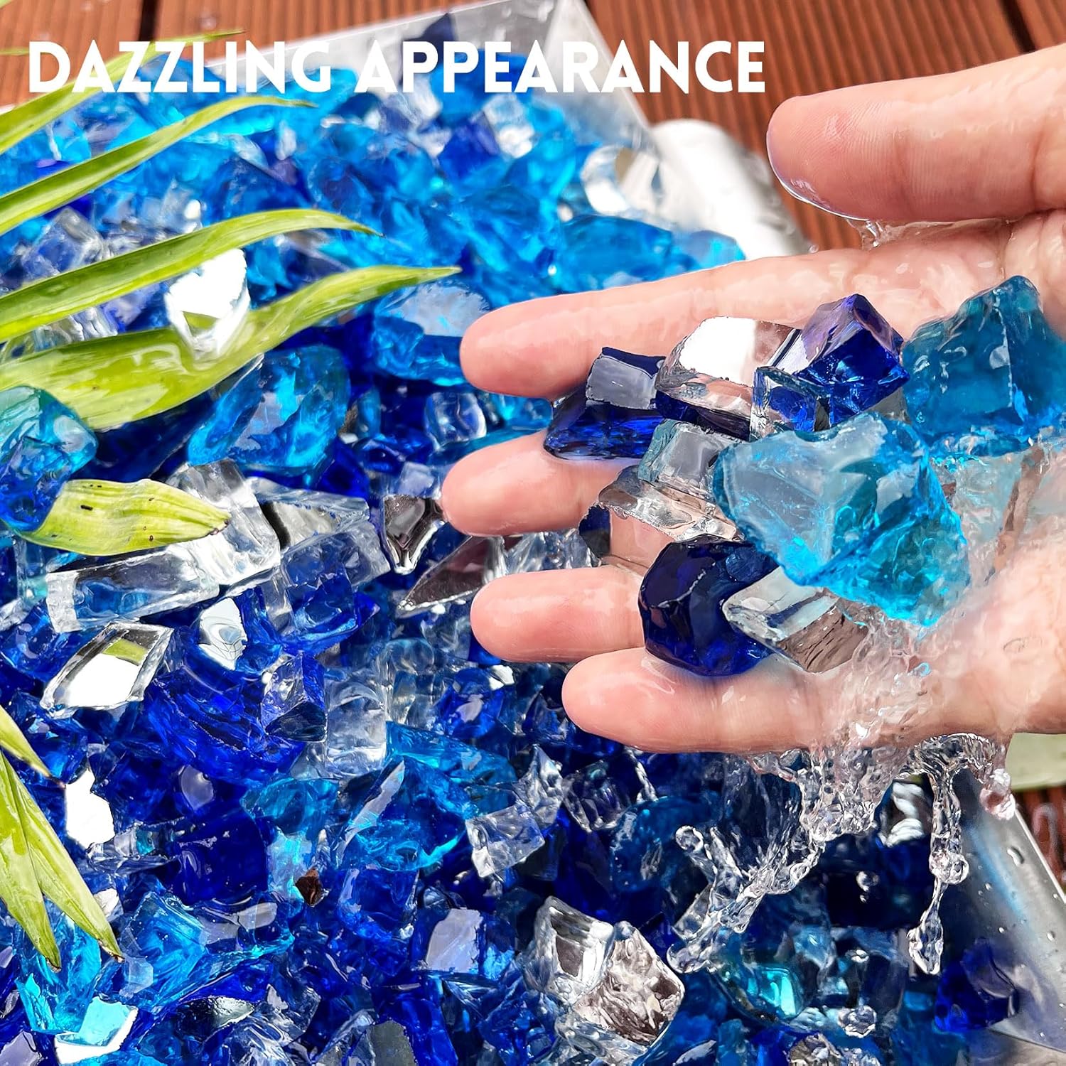 GasSaf 1/2 Inch Fire Glass Reflective Tempered Fireglass Cut Crushed FireGlass for Fire Pit, Fireplace, Replaces Existing Gas Logs(10 Pound)(Cobalt/Caribbean Blue, Crystal Ice Reflective)