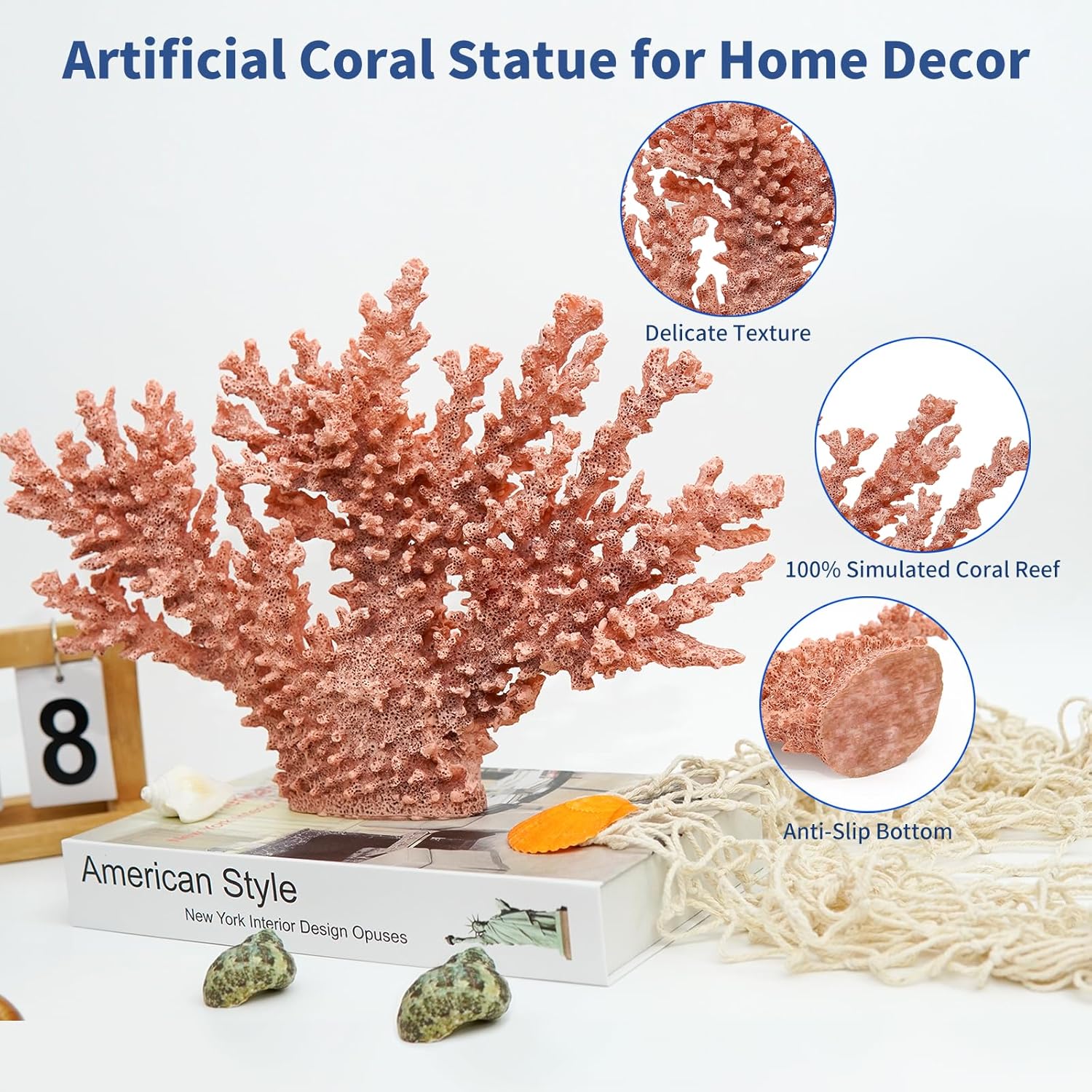 Coral Coastal Decor, Artificial Resin Coral Reef Statue, Coastal Room Decor Beach Decorations for Home Bathroom Bedroom,Ocean Themed Decor for Office,Aquarium,13.5''Lx10''H, 1008P, Pink;