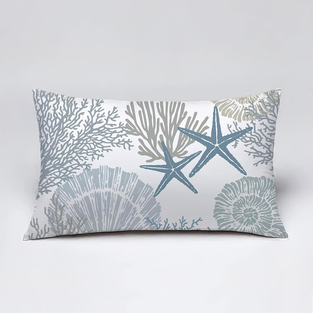 Tritard Nautical Coastal Throw Pillow Covers 12x20 Inches Set of 2 Beach Themed Ocean Seashell Coral Starfish Velvet Couch Lumbar Pillow Cover Outdoor Sofa Cushion Cover for Bedroom Living Room, Blue