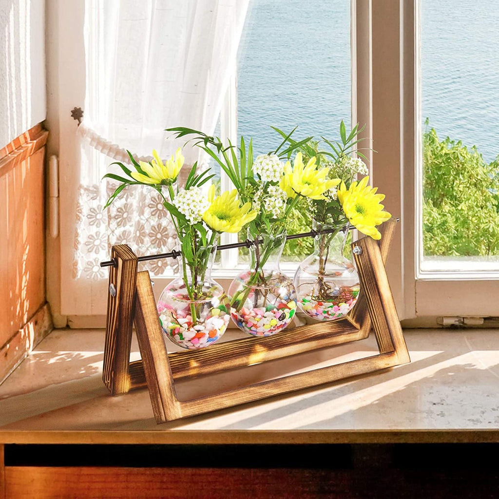 Plant Propagation Station, Plant Terrarium with Wooden Stand, Tabletop Glass Planter Desktop Plant Propagation Vase with Metal Swivel Holder for Hydroponics Plants - 3 Bulb Vases
