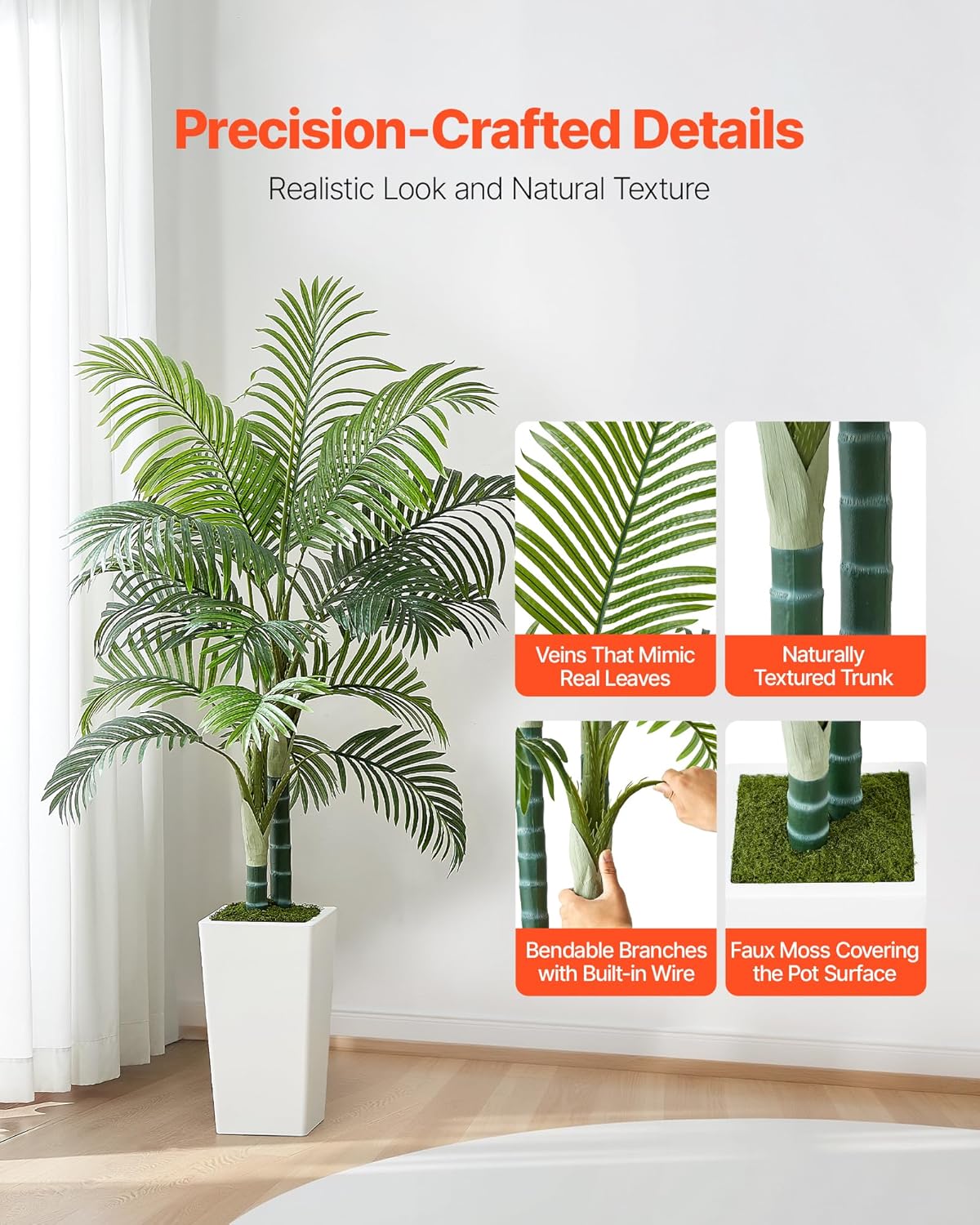 VEVOR Artificial Areca Palm Tree 5 ft, Fake Palm Tropical Plants with White Tall Planter, Faux Floor Silk Plant in Pot, Large Trees for Home Office Living Room Decor House Warming, Indoor Outdoor