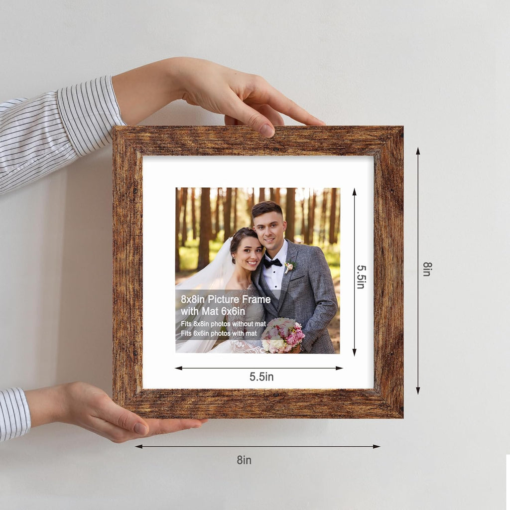 8x8 Picture Frames Set of 4, Made of Glass and Rustic Brown Wooden Frame - Display Picture 6x6 with Mat or 8 x 8 Without Mat, 8 by 8 Photo for Wall or Tabletop