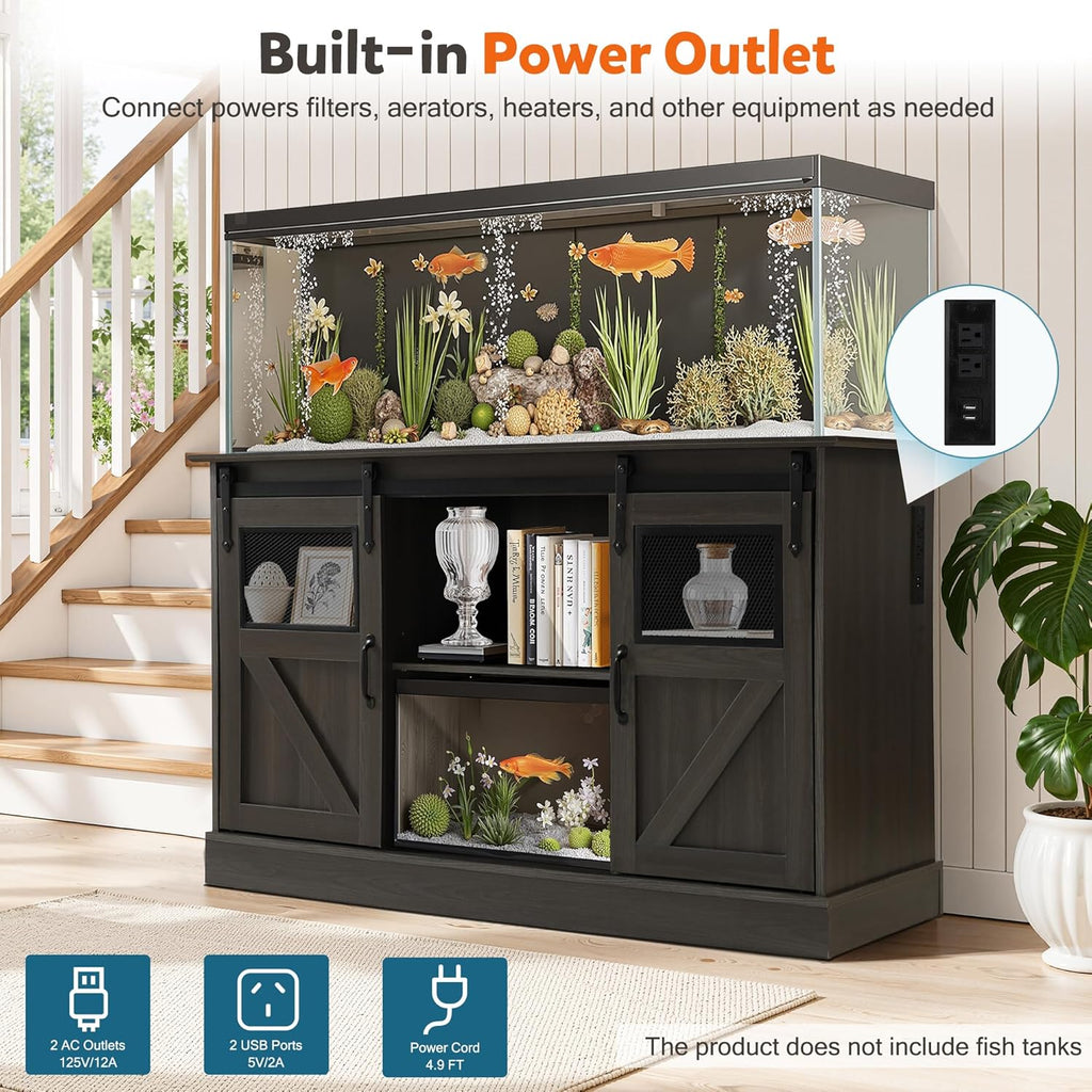 Fish Tank Stand with Power Outlet, Aquarium Stand w/Sliding Barn Doors, 55-75 Gallon Fish Tank Stand w/Cabinet for Accessories Storage for 2 Fish Turtle Tank Reptile Terrarium, 1000 LBS (Gray)