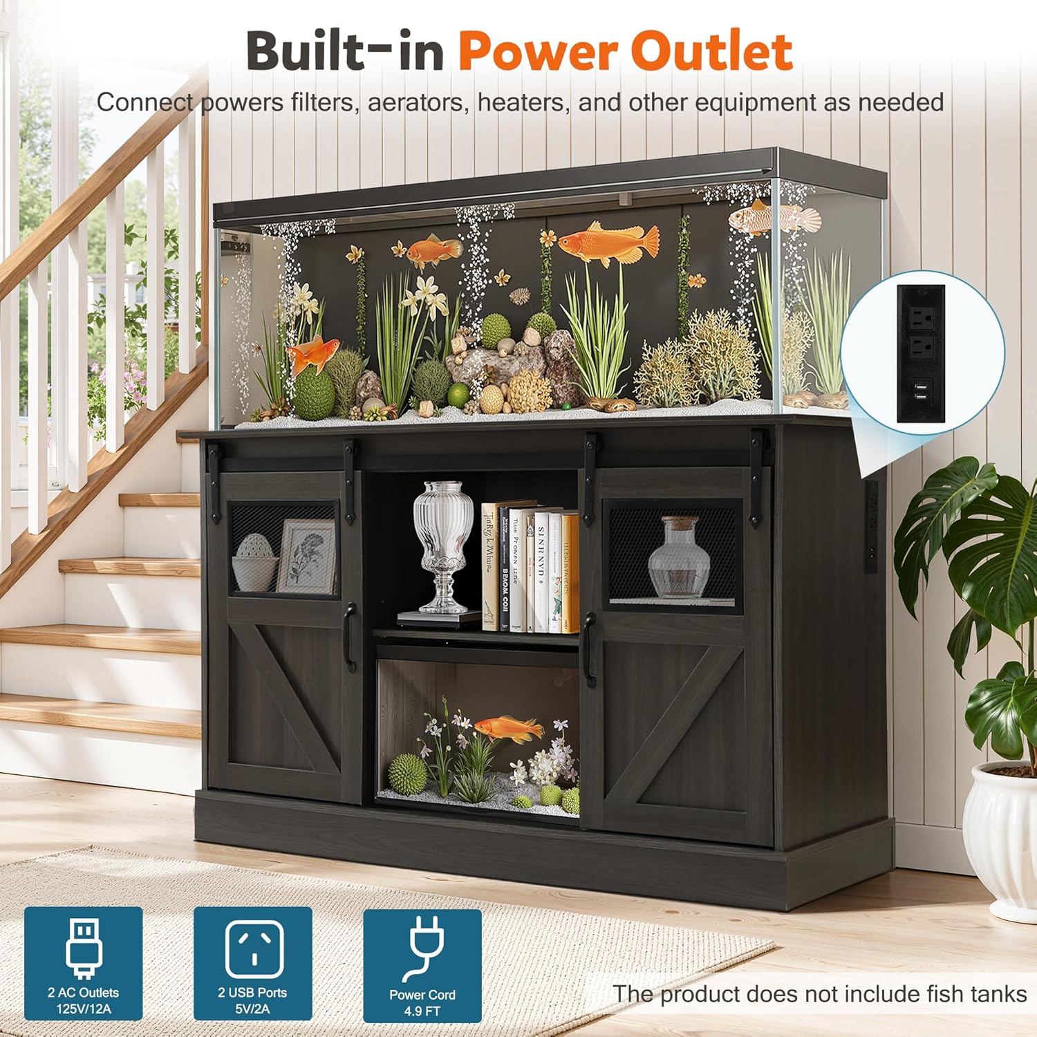 Fish Tank Stand with Power Outlet, Aquarium Stand w/Sliding Barn Doors, 55-75 Gallon Fish Tank Stand w/Cabinet for Accessories Storage for 2 Fish Turtle Tank Reptile Terrarium, 1000 LBS (Gray)