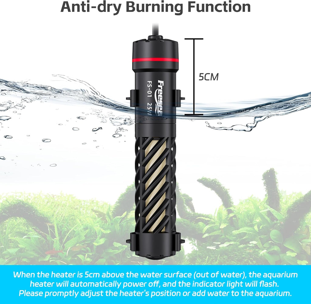 FREESEA Aquarium Heater for Fish Tank: 25W Small Submersible Thermostat with Off-Water Protection & UL Certified Cord for 1-5 Gallon Fish Turtle Tanks Enthusiasts