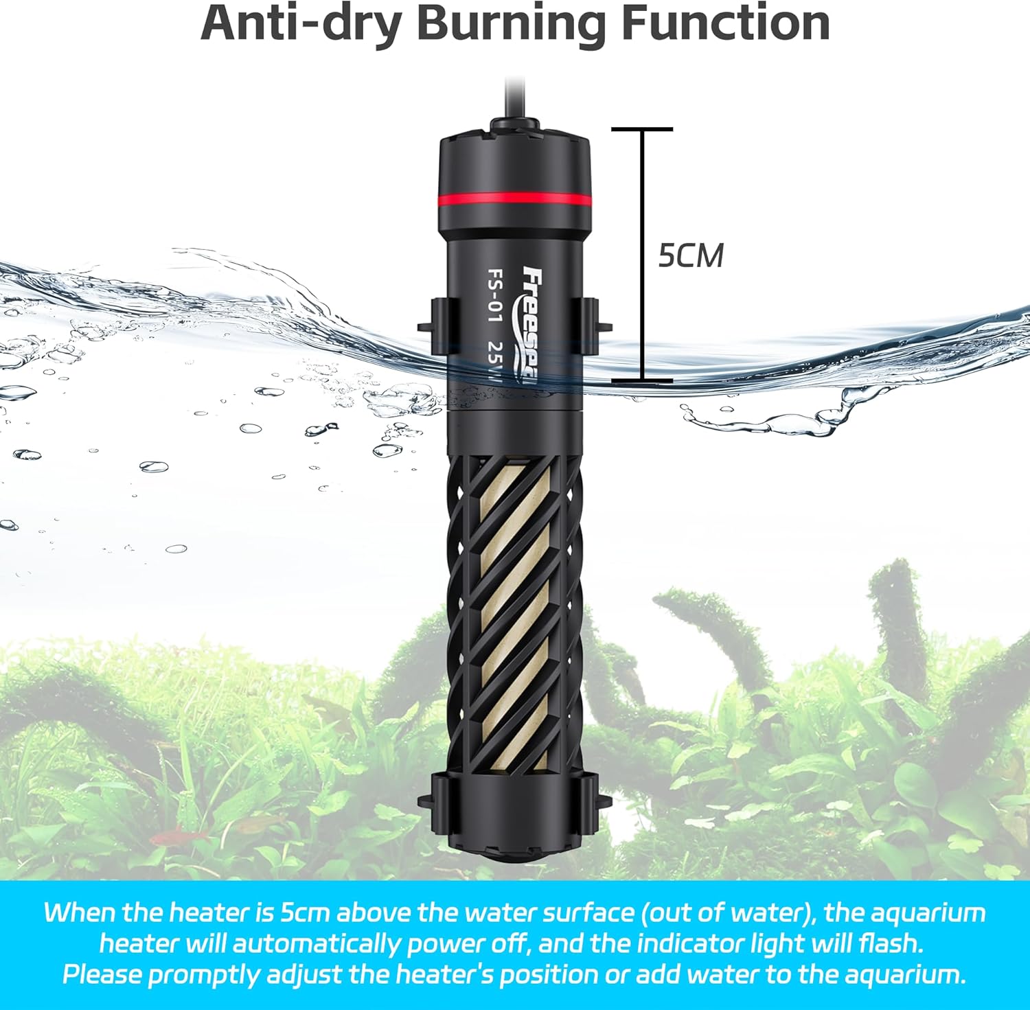 FREESEA Aquarium Heater for Fish Tank: 25W Small Submersible Thermostat with Off-Water Protection & UL Certified Cord for 1-5 Gallon Fish Turtle Tanks Enthusiasts